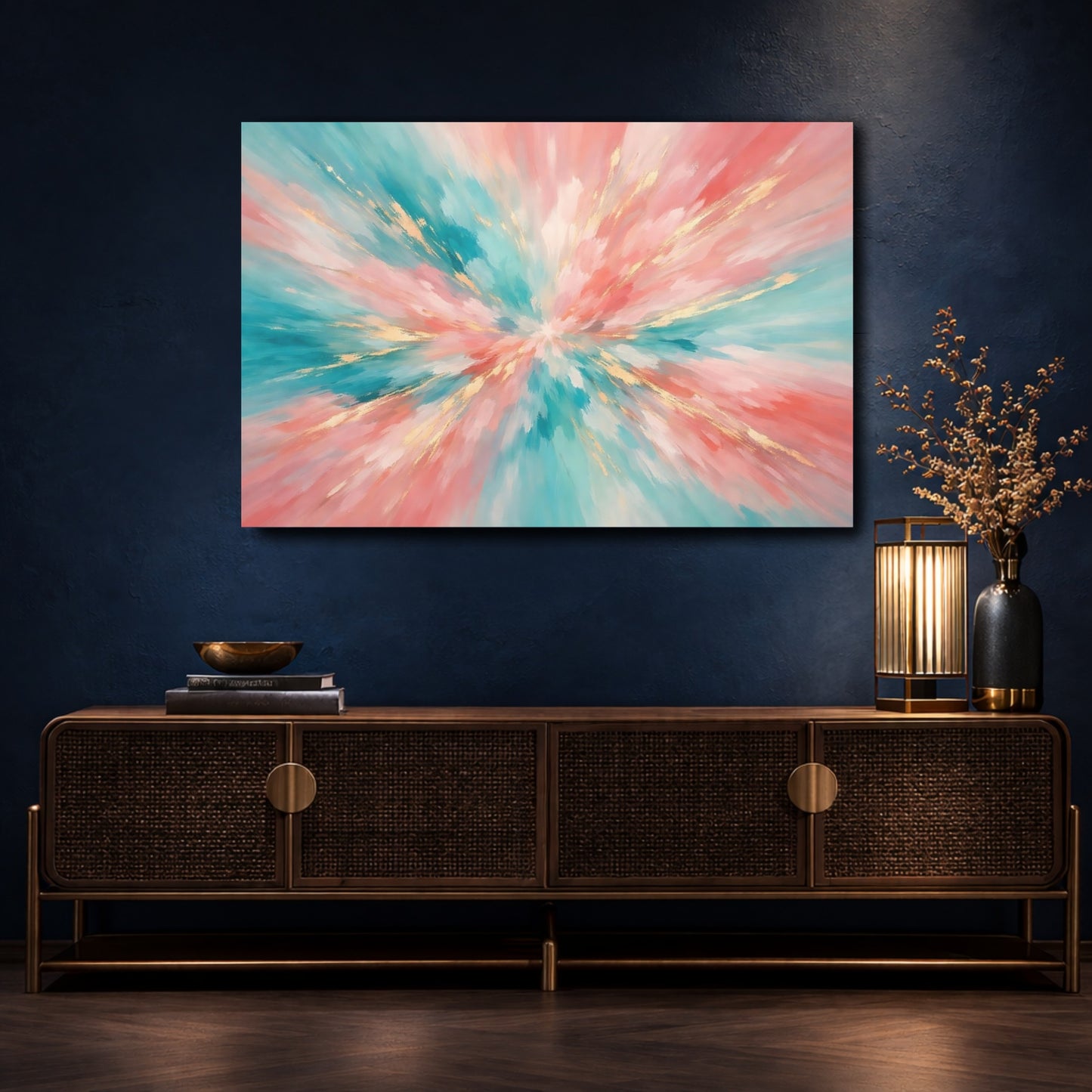 Mockup 4. Abstract Abstract Burst Teal Pink Gold Abstract shown as stretched canvas wall art