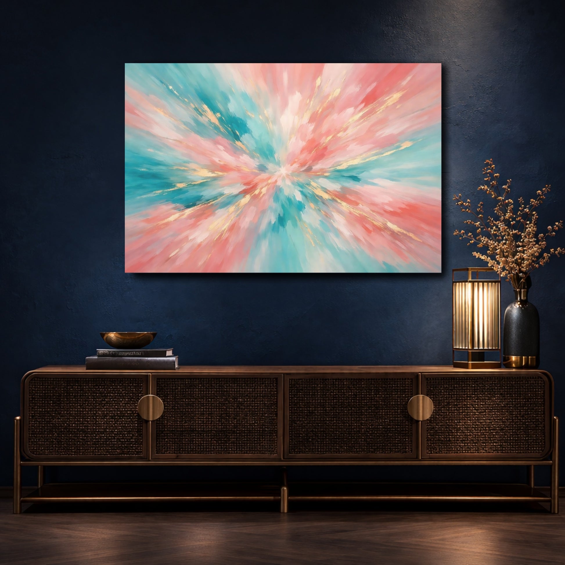Mockup 4. Abstract Abstract Burst Teal Pink Gold Abstract shown as stretched canvas wall art
