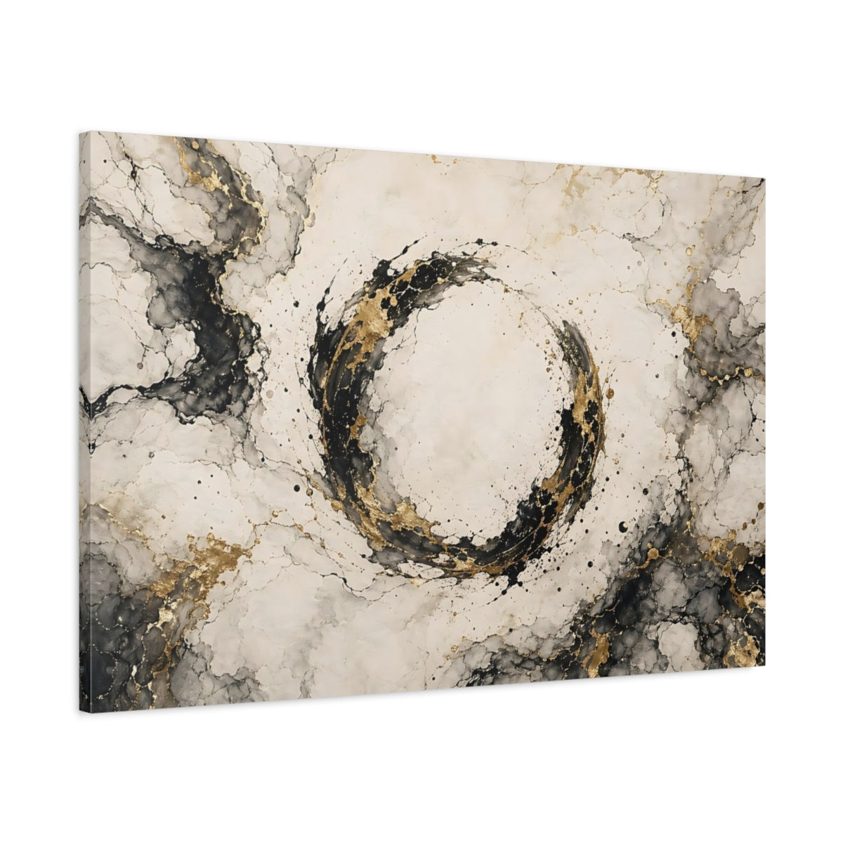 Main Mockup. Abstract Abstract Circle Black And Gold shown as stretched canvas wall art