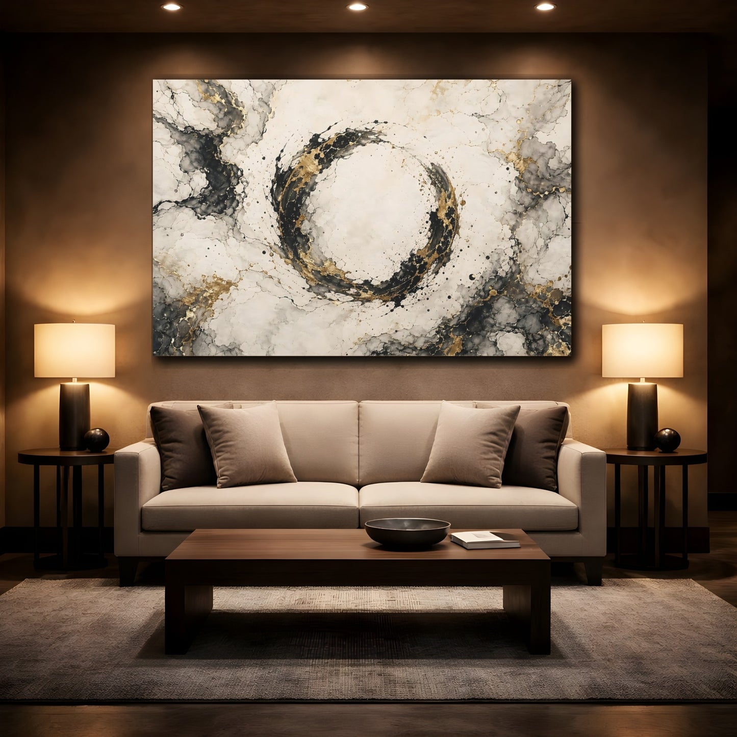 Mockup 2. Abstract Abstract Circle Black And Gold shown as stretched canvas wall art
