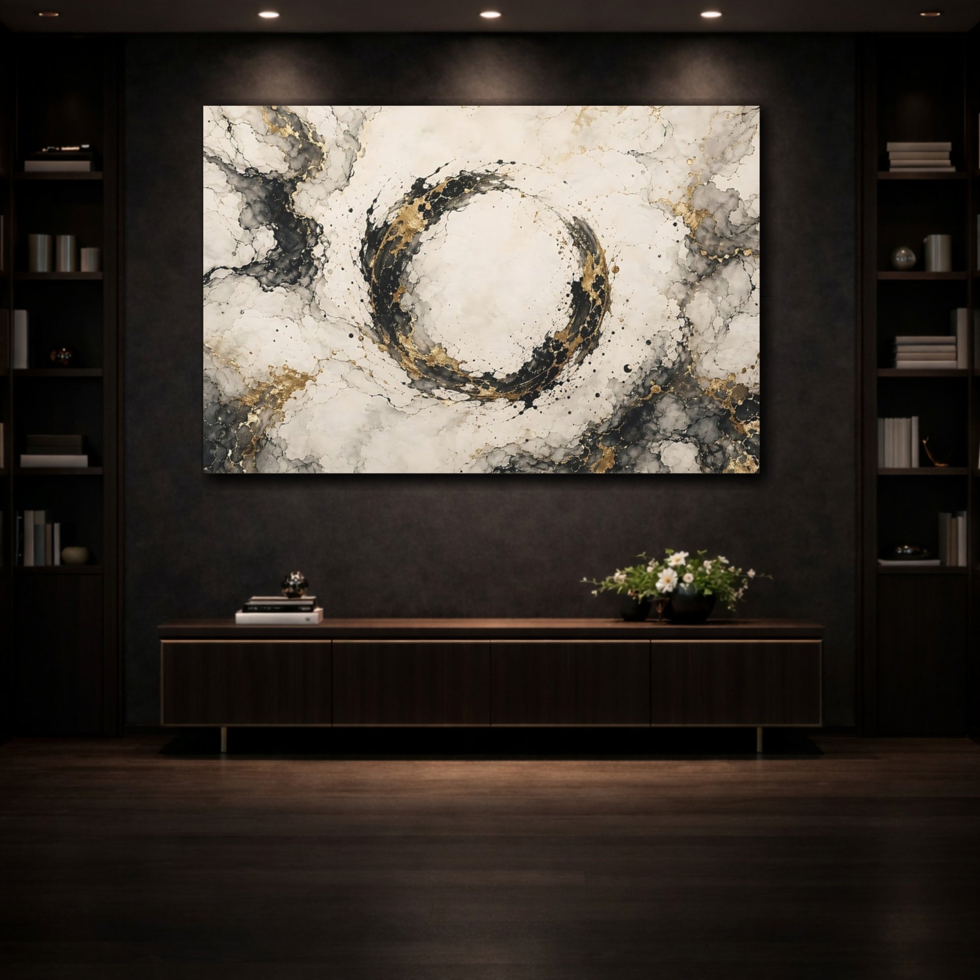Mockup 3. Abstract Abstract Circle Black And Gold shown as stretched canvas wall art