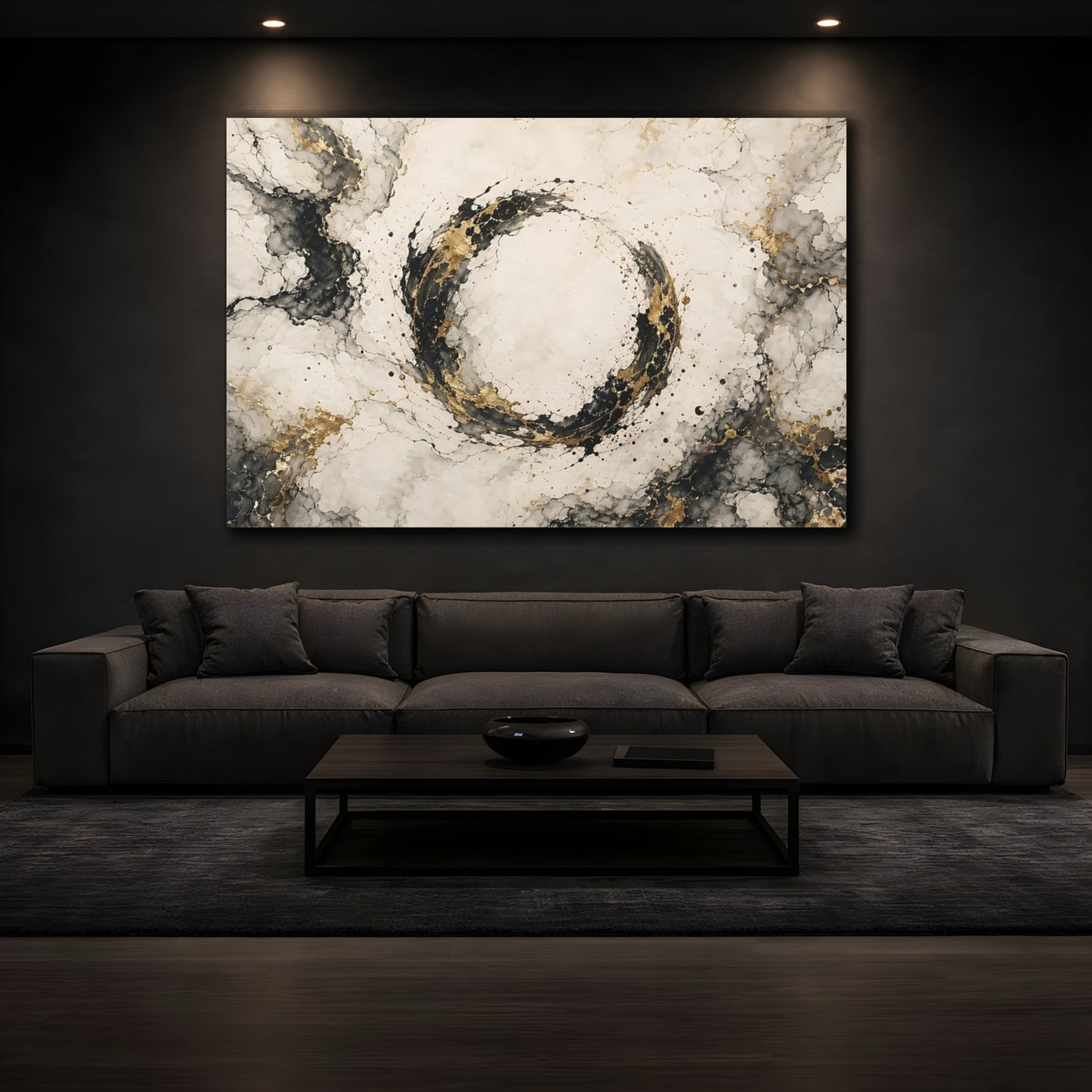 Mockup 4. Abstract Abstract Circle Black And Gold shown as stretched canvas wall art