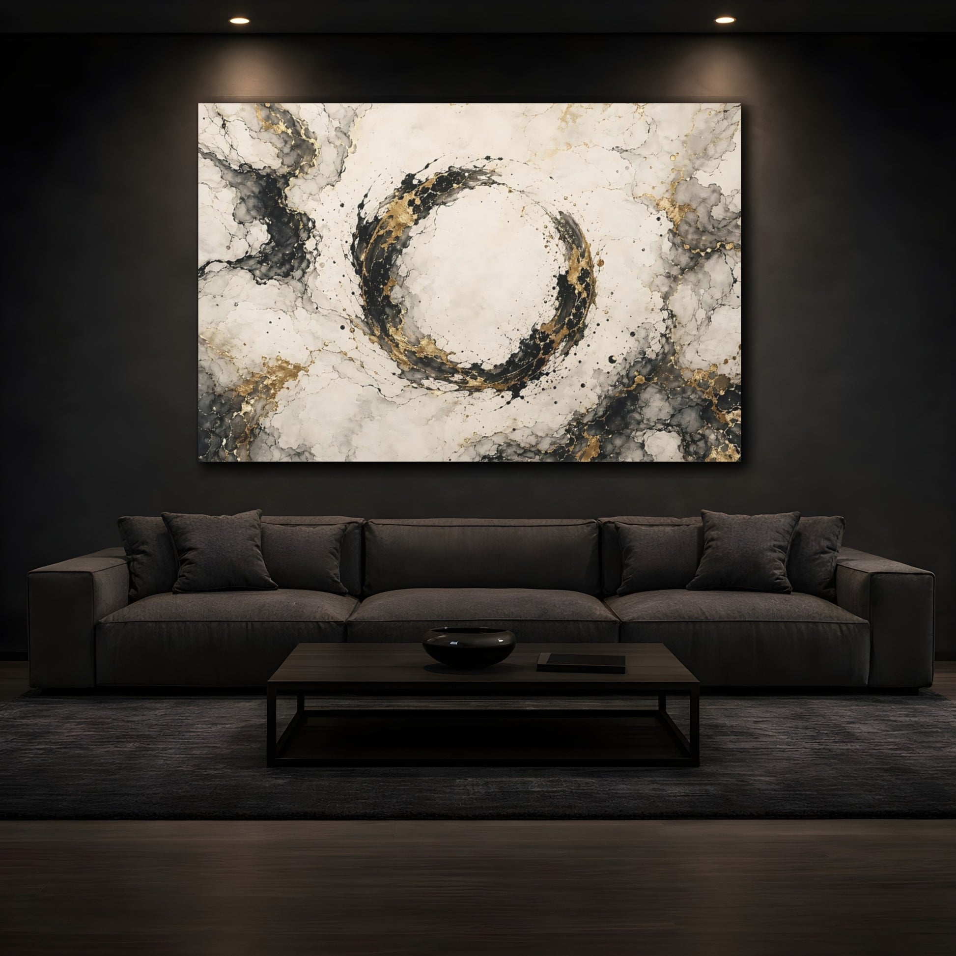 Mockup 4. Abstract Abstract Circle Black And Gold shown as stretched canvas wall art