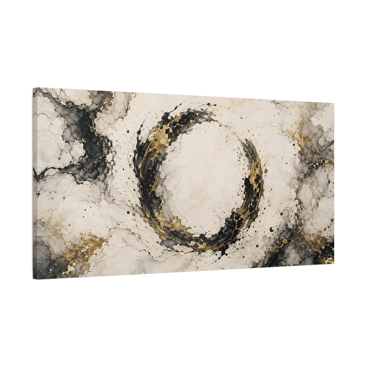 Main Mockup. Abstract Abstract Circle Black Gold Abstract shown as stretched canvas wall art