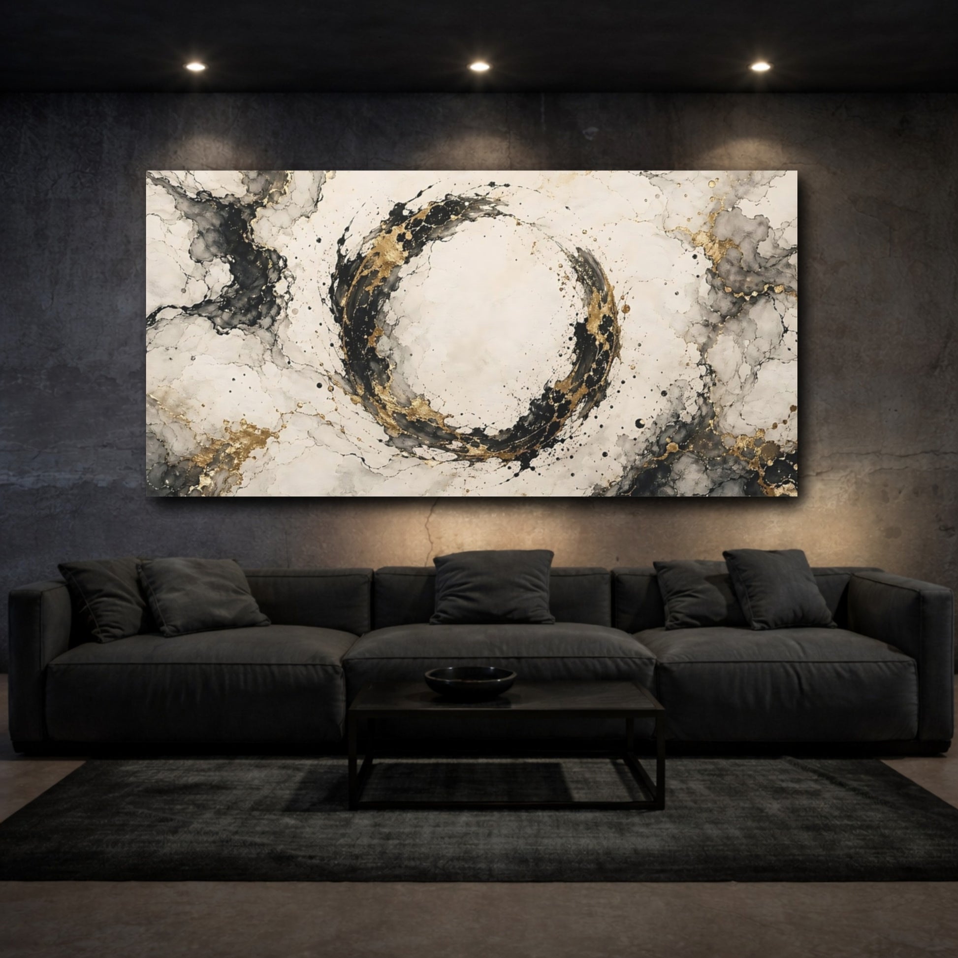 Mockup 2. Abstract Abstract Circle Black Gold Abstract shown as stretched canvas wall art