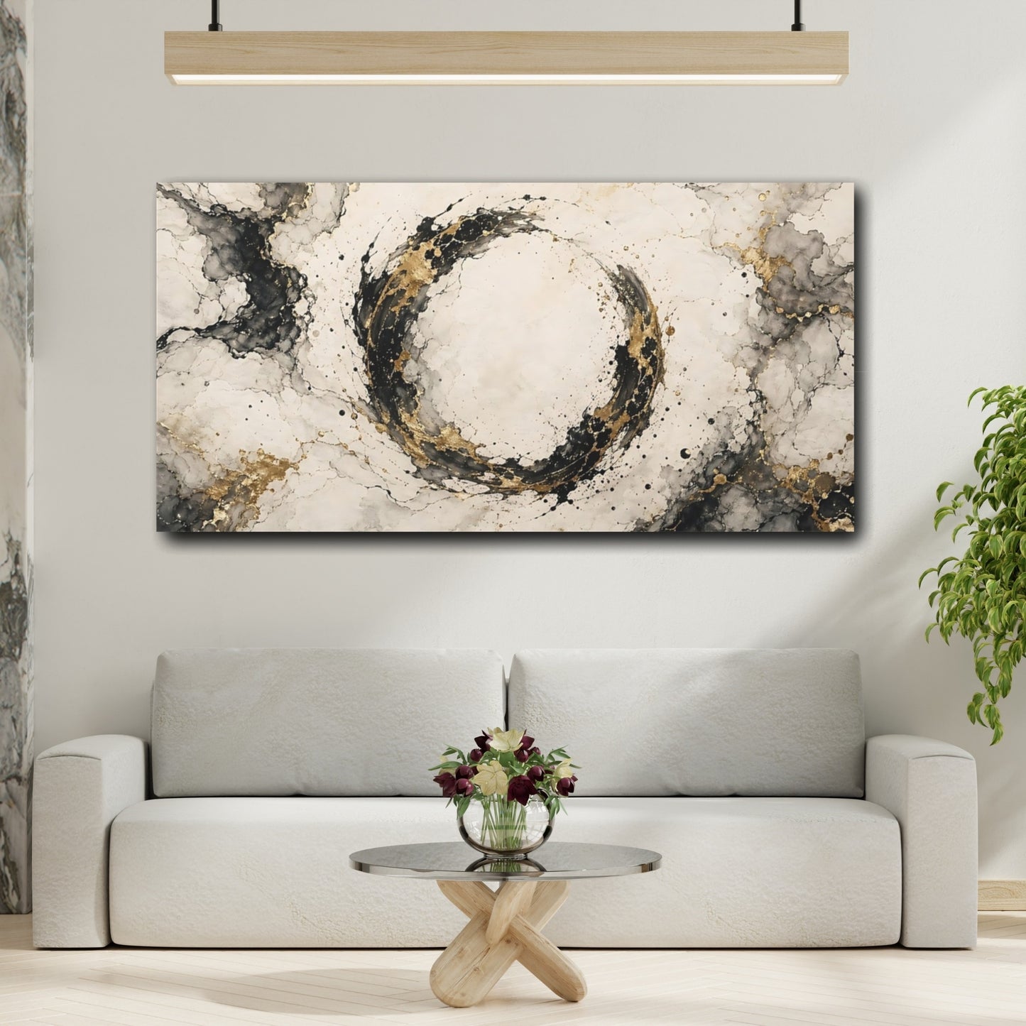 Mockup 3. Abstract Abstract Circle Black Gold Abstract shown as stretched canvas wall art