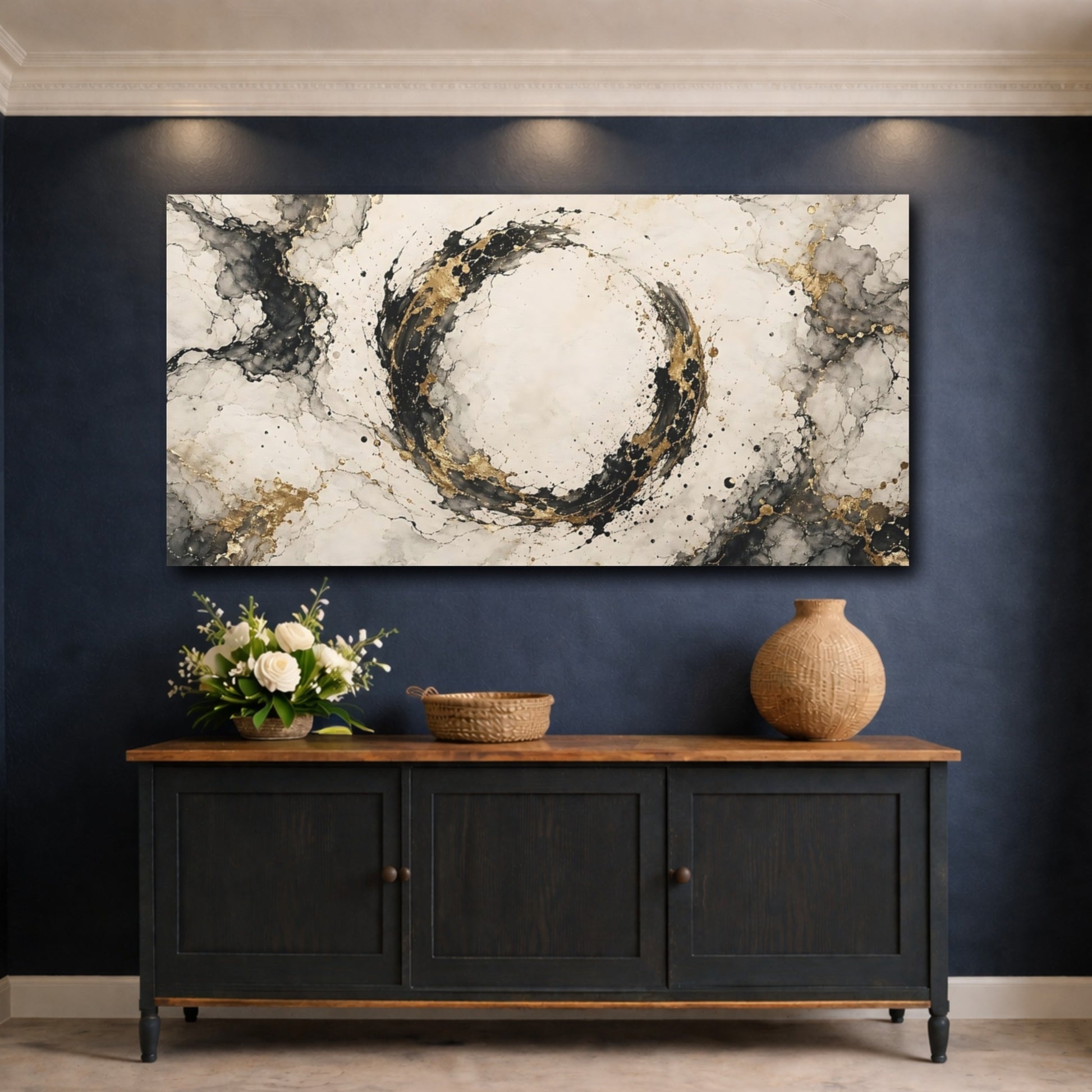 Mockup 4. Abstract Abstract Circle Black Gold Abstract shown as stretched canvas wall art
