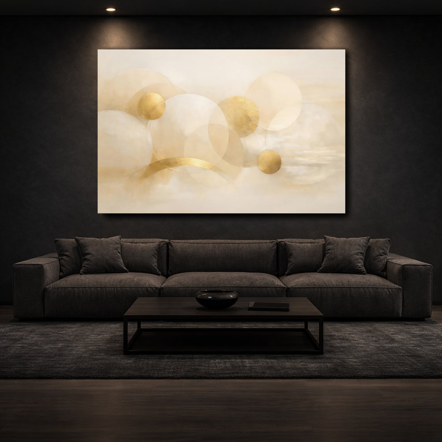 Mockup 2. Abstract Abstract Circles Beige Gold Abstract shown as stretched canvas wall art