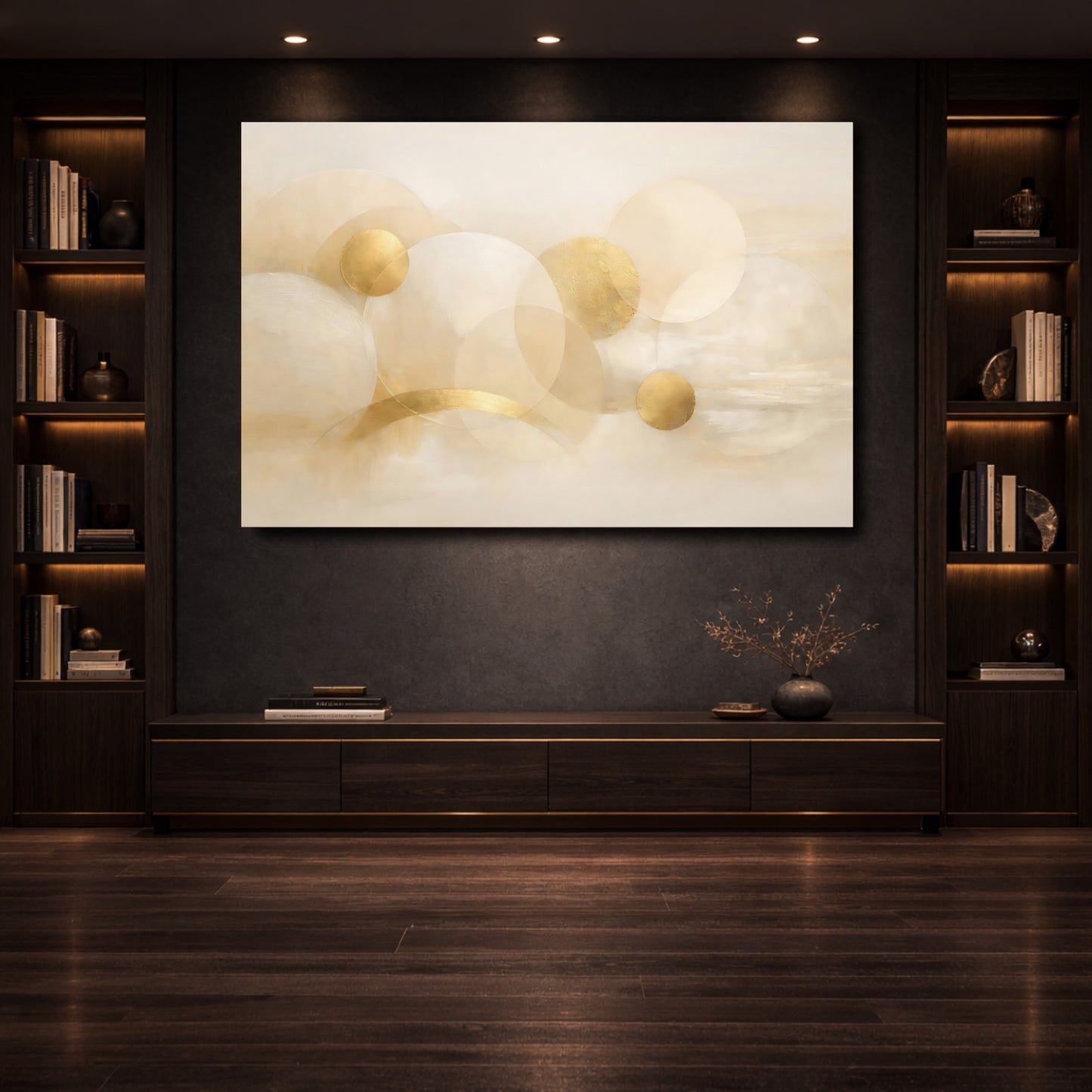 Mockup 3. Abstract Abstract Circles Beige Gold Abstract shown as stretched canvas wall art