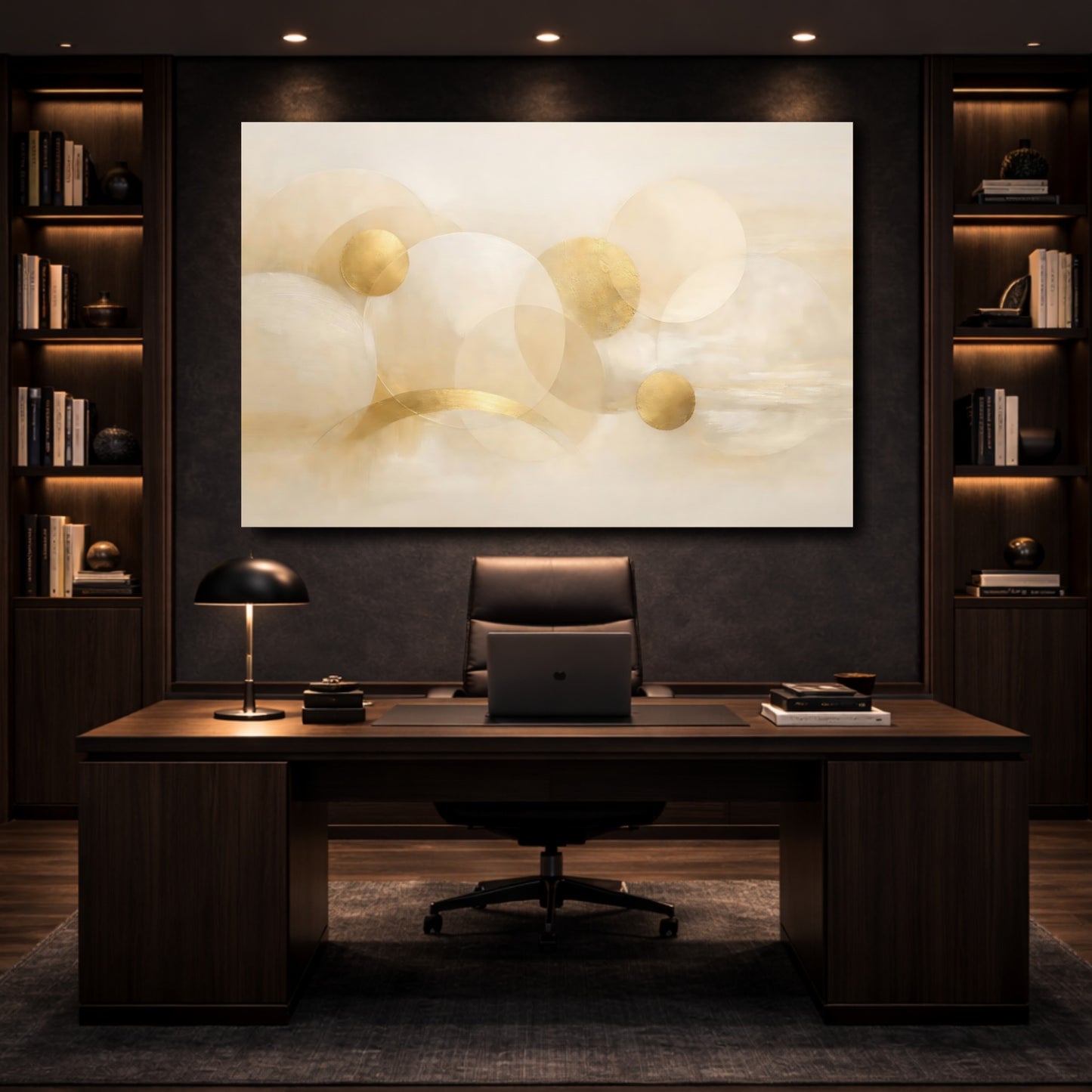 Mockup 4. Abstract Abstract Circles Beige Gold Abstract shown as stretched canvas wall art