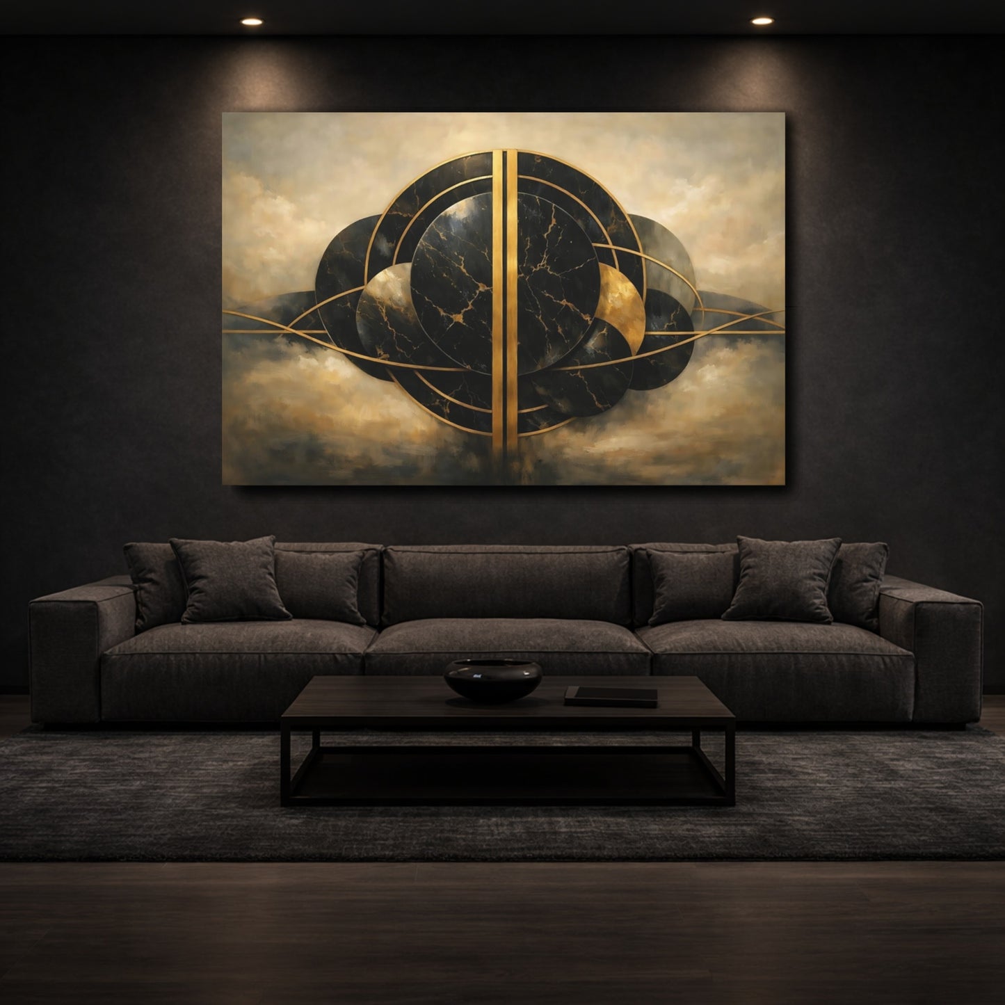 Mockup 2. Abstract Abstract Circles Black And Gold shown as stretched canvas wall art