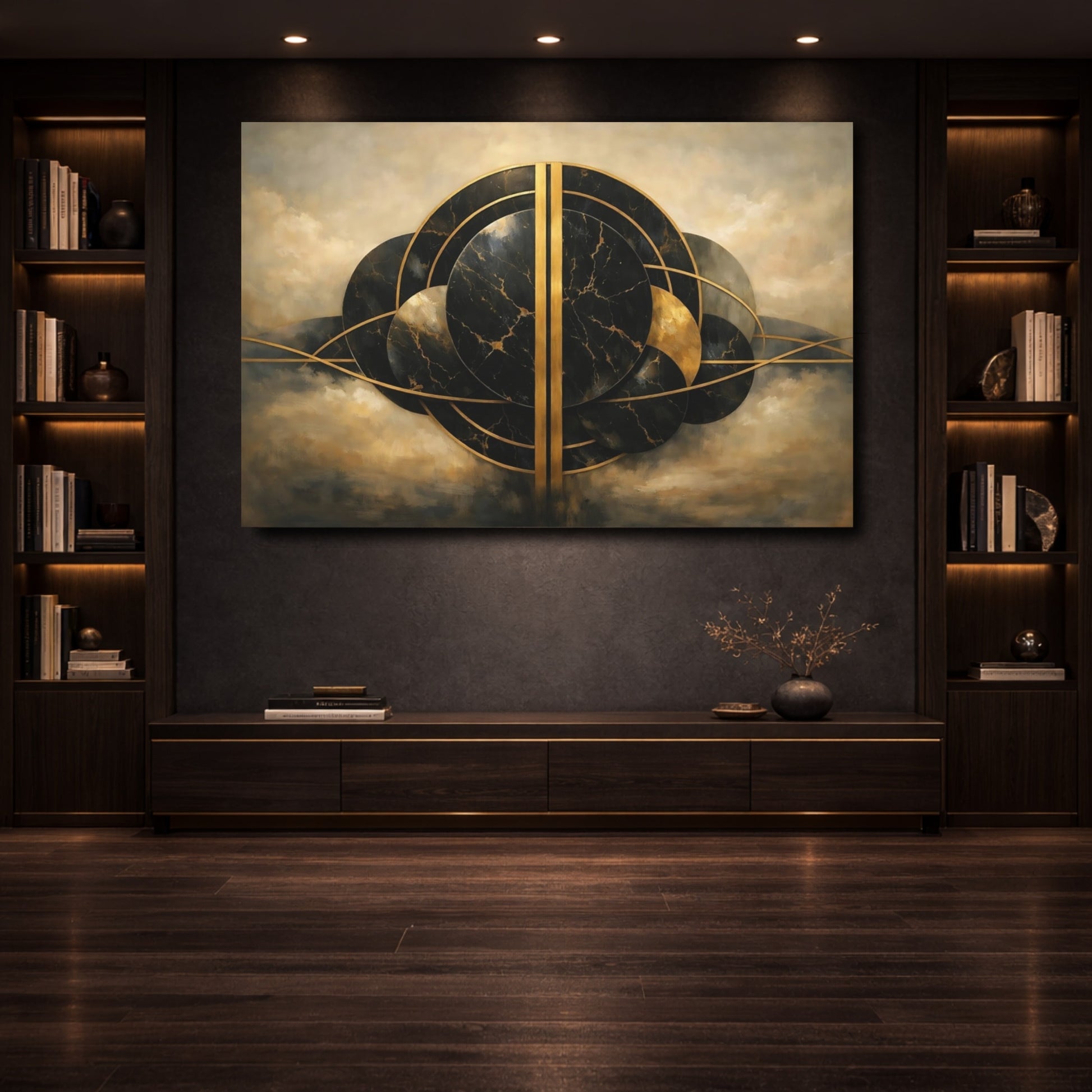 Mockup 3. Abstract Abstract Circles Black And Gold shown as stretched canvas wall art