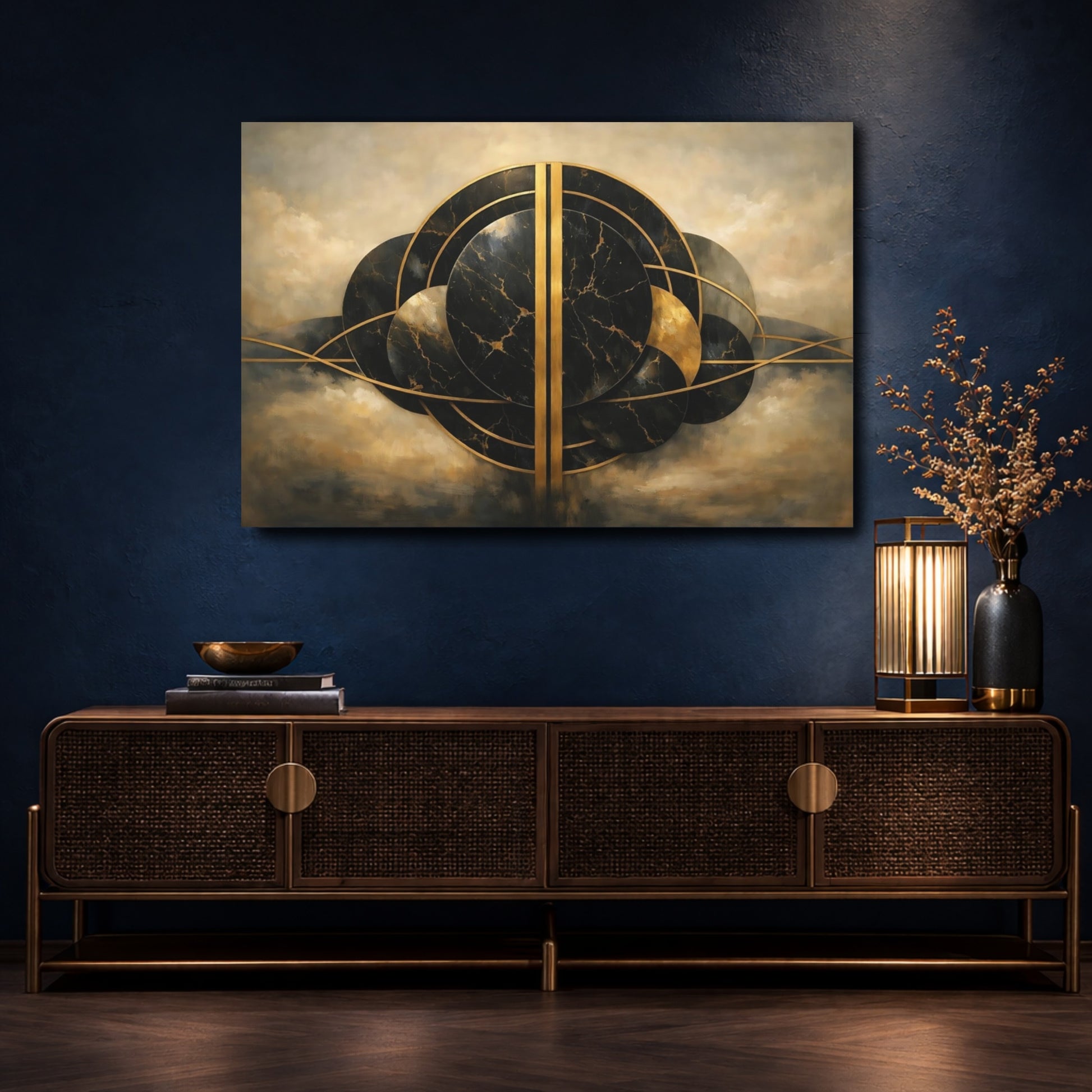 Mockup 4. Abstract Abstract Circles Black And Gold shown as stretched canvas wall art