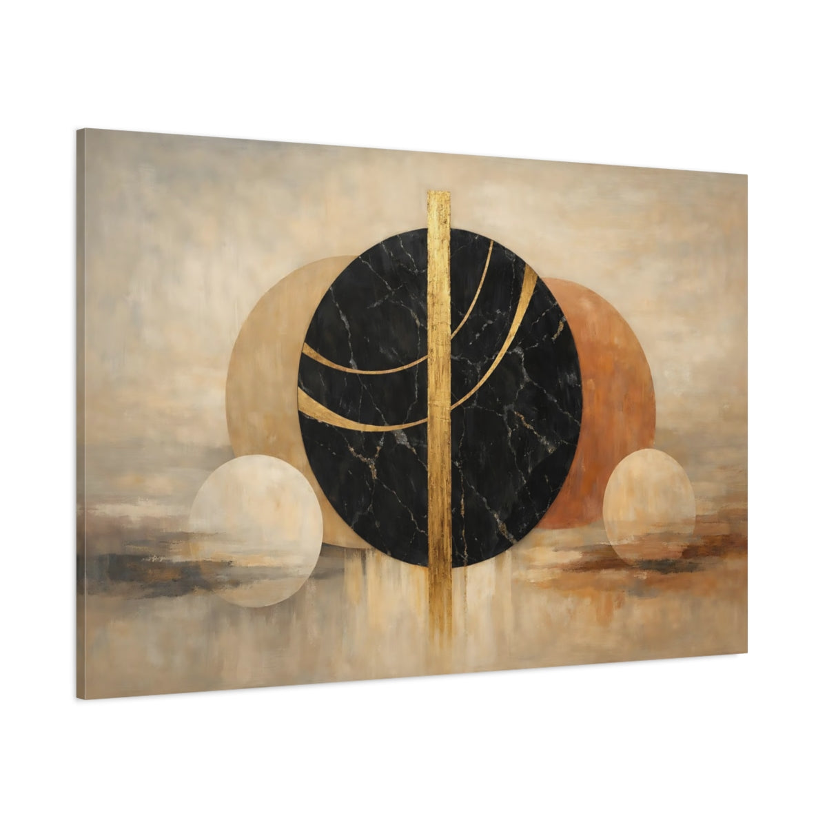 Main Mockup. Abstract Abstract Circles Black Gold Abstract shown as stretched canvas wall art
