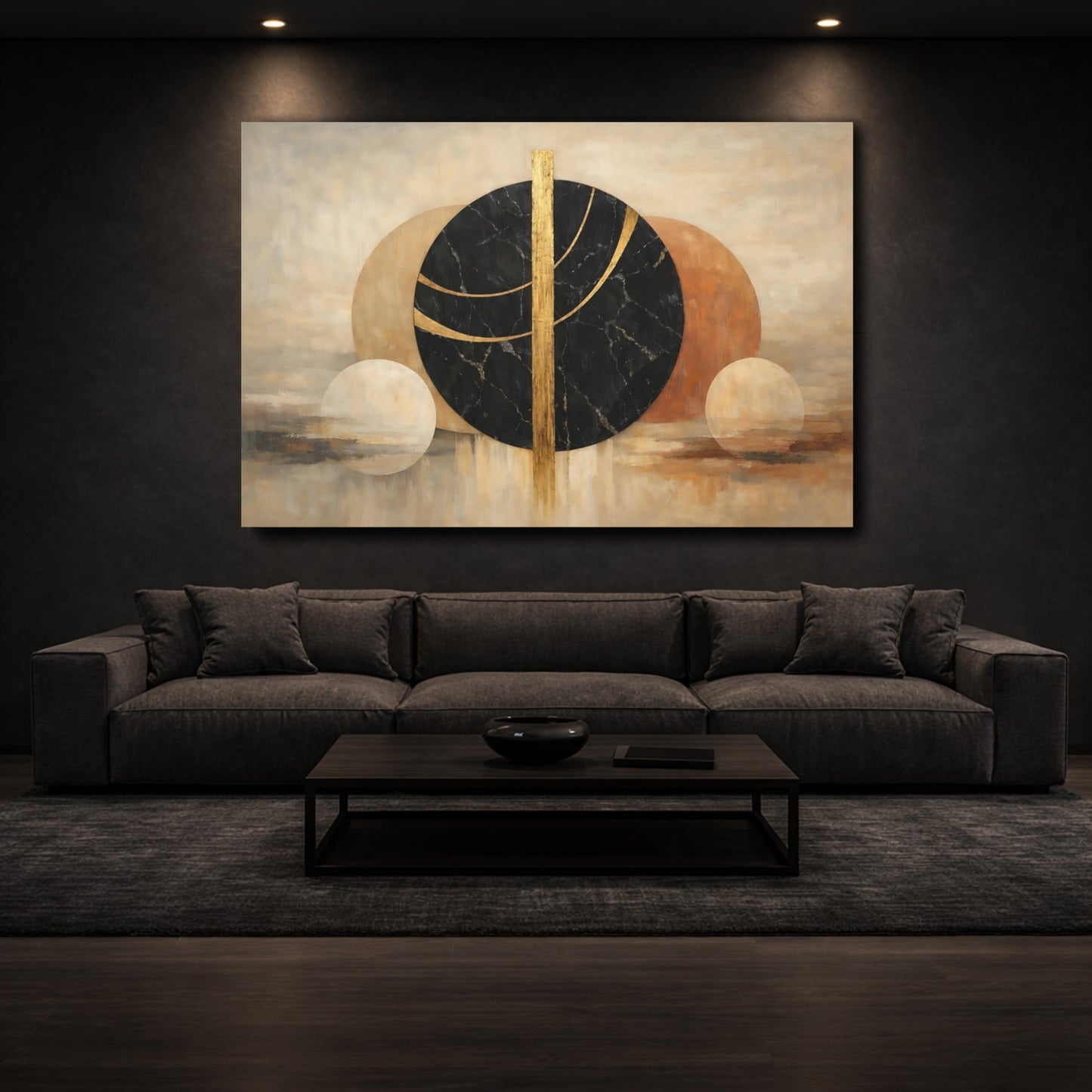 Mockup 2. Abstract Abstract Circles Black Gold Abstract shown as stretched canvas wall art