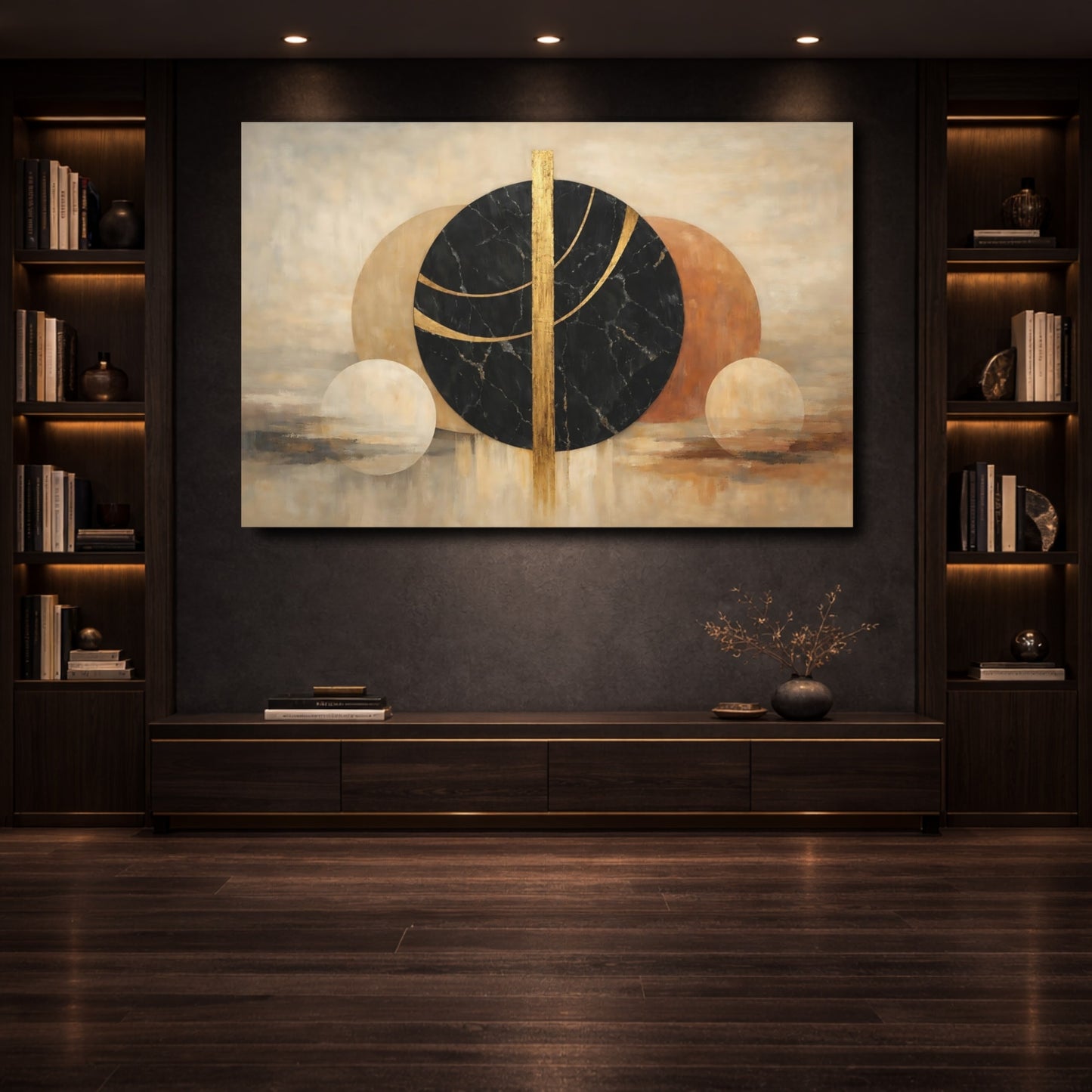 Mockup 3. Abstract Abstract Circles Black Gold Abstract shown as stretched canvas wall art
