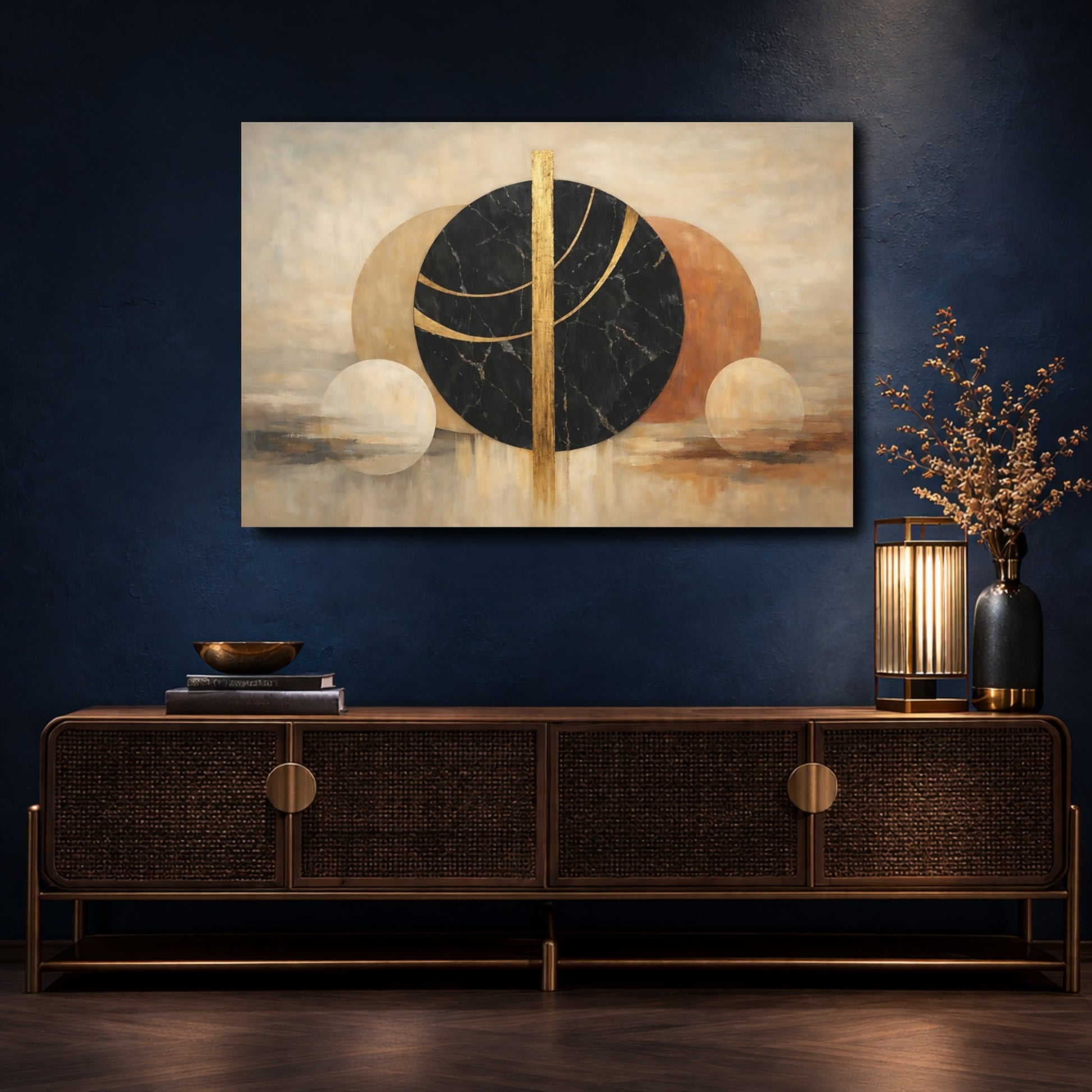 Mockup 4. Abstract Abstract Circles Black Gold Abstract shown as stretched canvas wall art