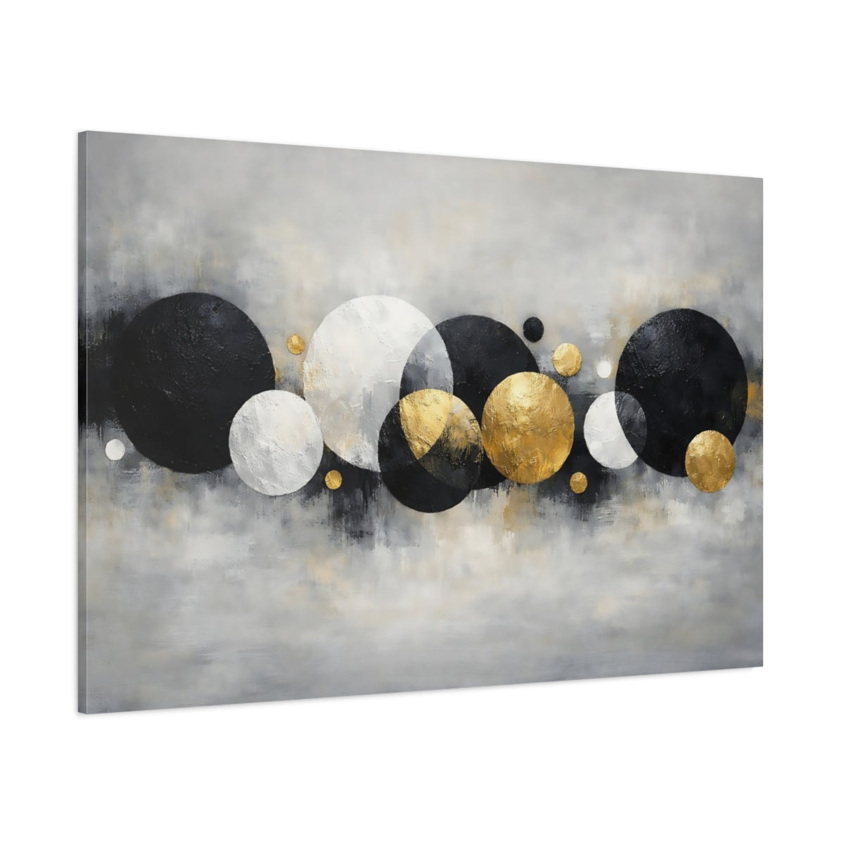 Main Mockup. Abstract Abstract Circles Black White Gold Abstract shown as stretched canvas wall art