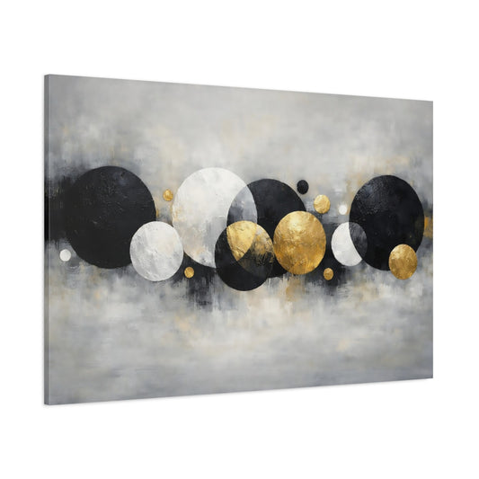 Main Mockup. Abstract Abstract Circles Black White Gold Abstract shown as stretched canvas wall art