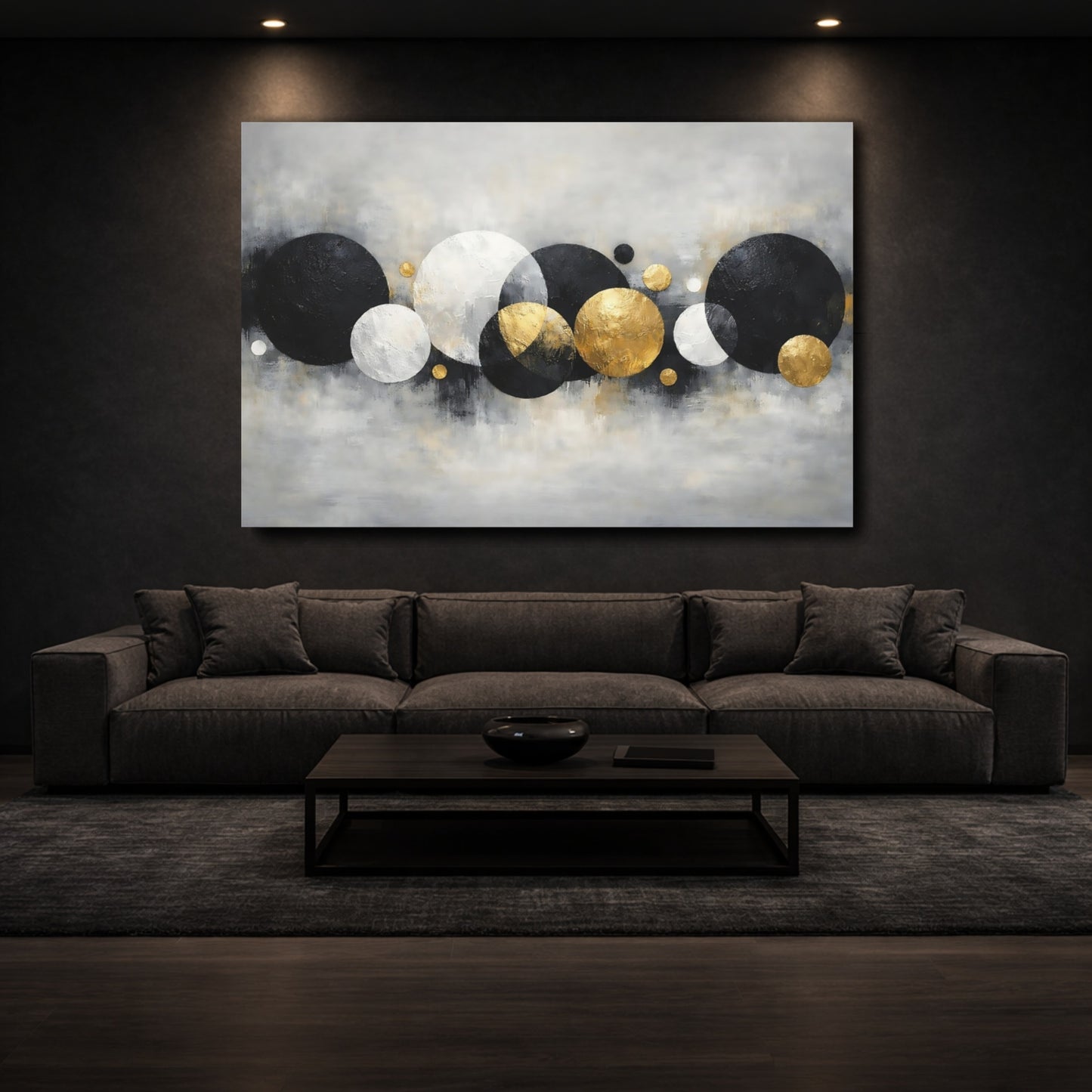 Mockup 2. Abstract Abstract Circles Black White Gold Abstract shown as stretched canvas wall art