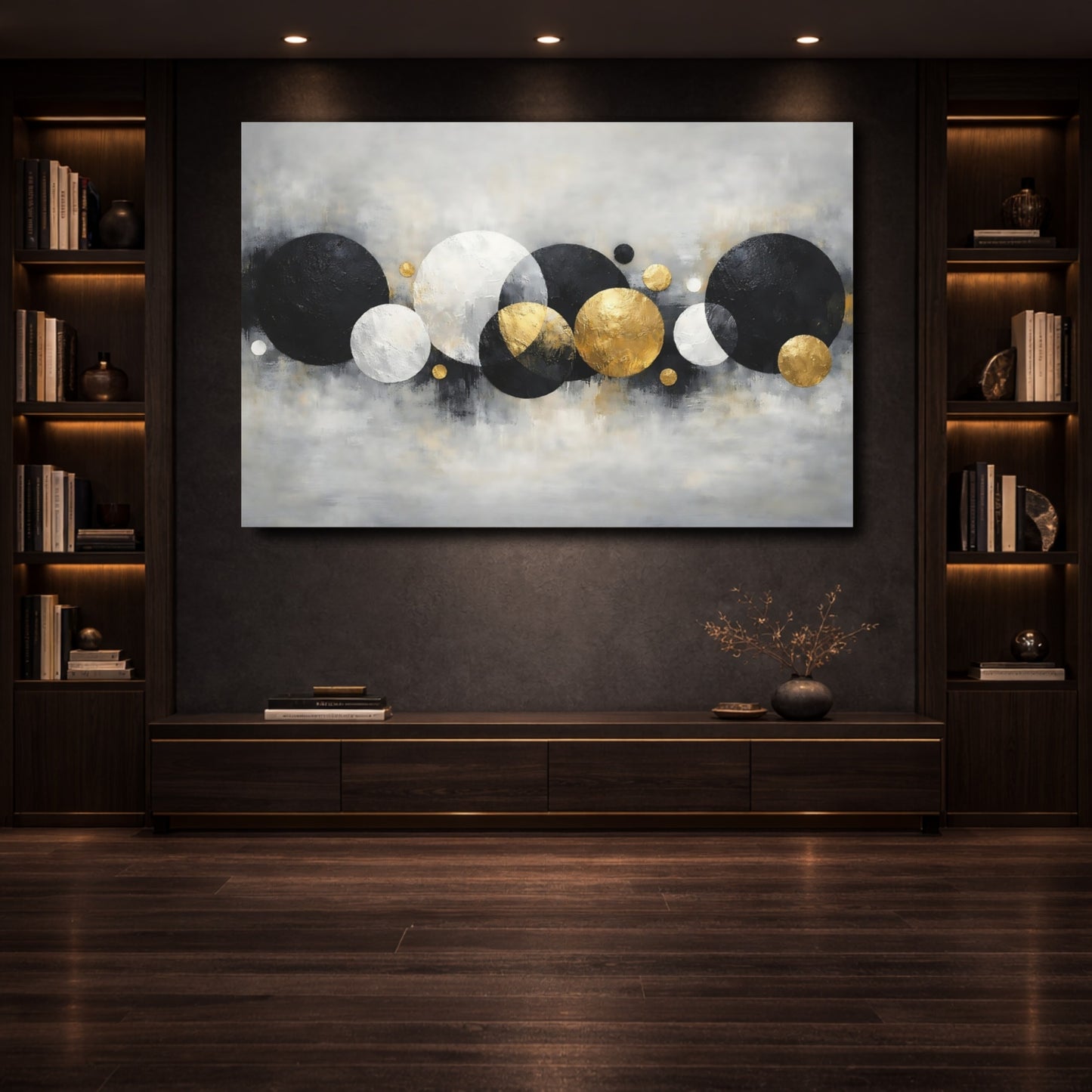 Mockup 3. Abstract Abstract Circles Black White Gold Abstract shown as stretched canvas wall art