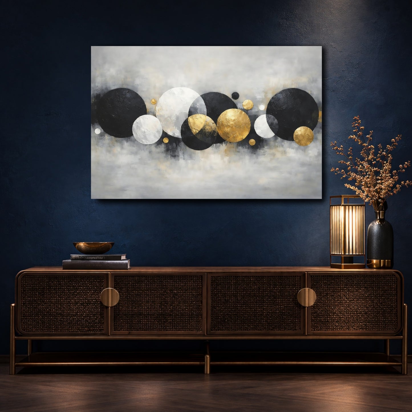 Mockup 4. Abstract Abstract Circles Black White Gold Abstract shown as stretched canvas wall art