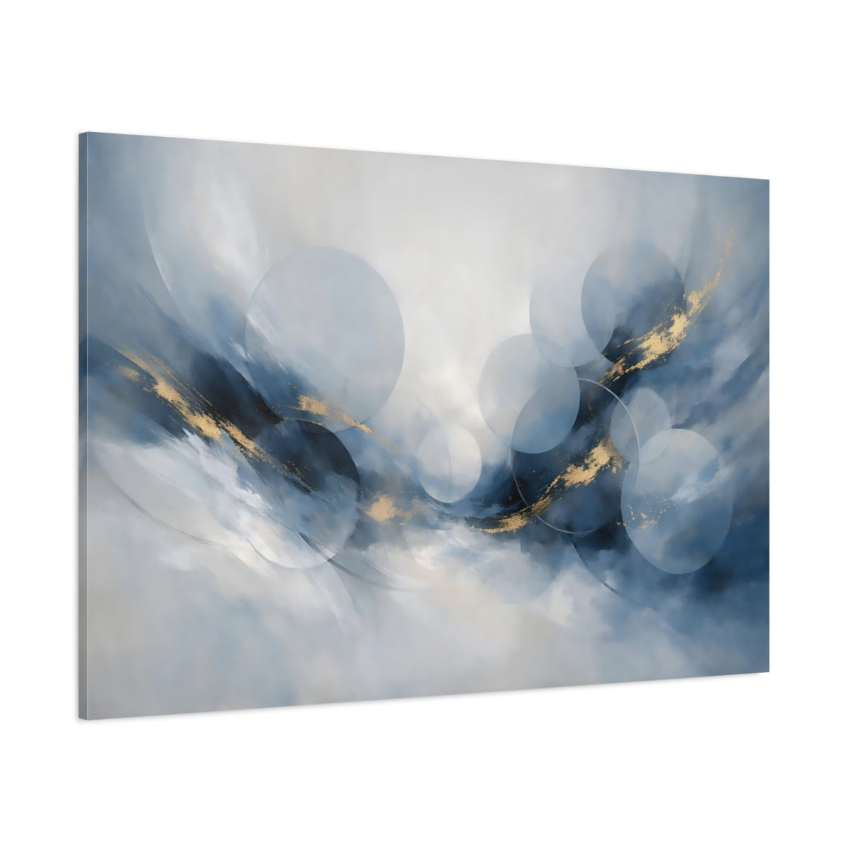 Main Mockup. Abstract Abstract Circles Blue And Gold shown as stretched canvas wall art