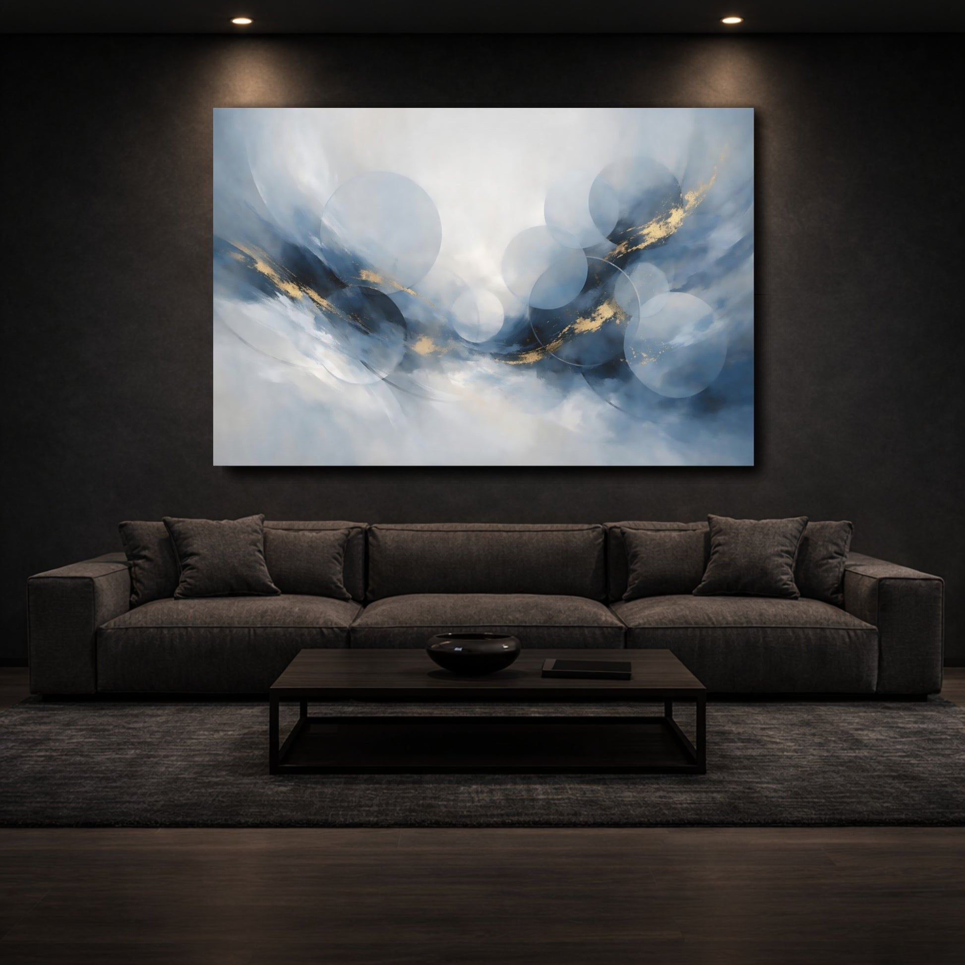 Mockup 2. Abstract Abstract Circles Blue And Gold shown as stretched canvas wall art
