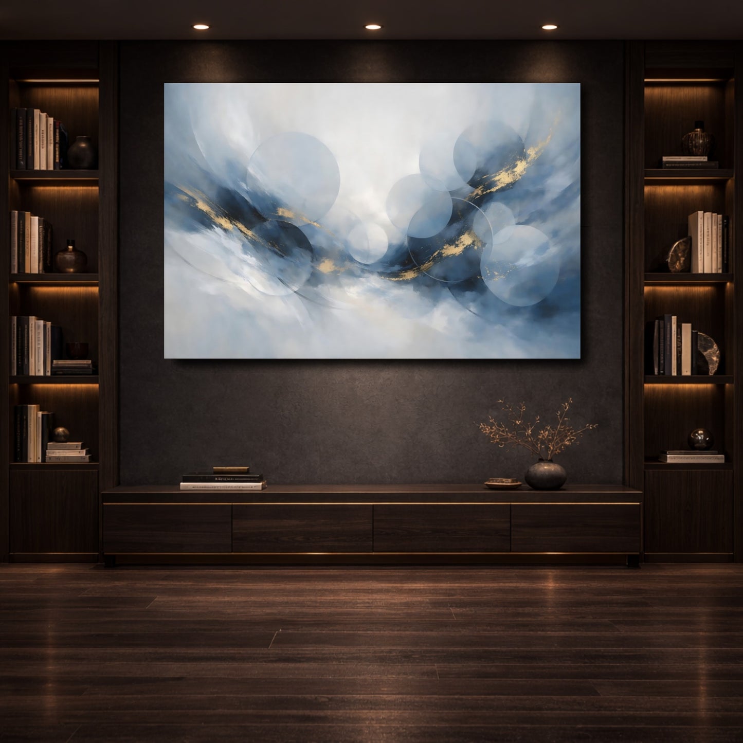 Mockup 3. Abstract Abstract Circles Blue And Gold shown as stretched canvas wall art