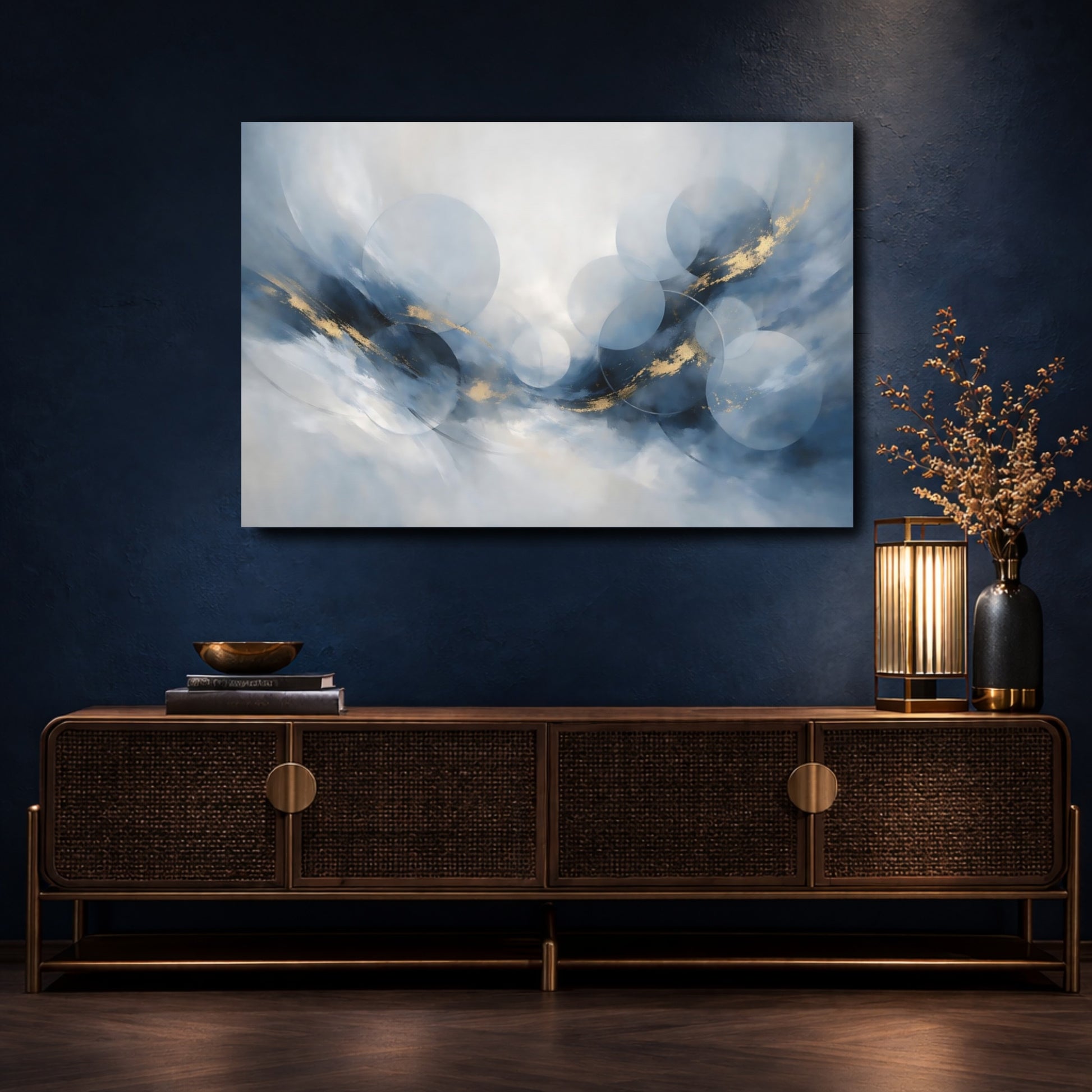 Mockup 4. Abstract Abstract Circles Blue And Gold shown as stretched canvas wall art