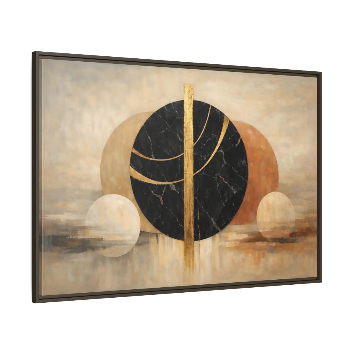 Main Mockup. Abstract Abstract Circles Gold And Black Abstract shown as stretched canvas wall art