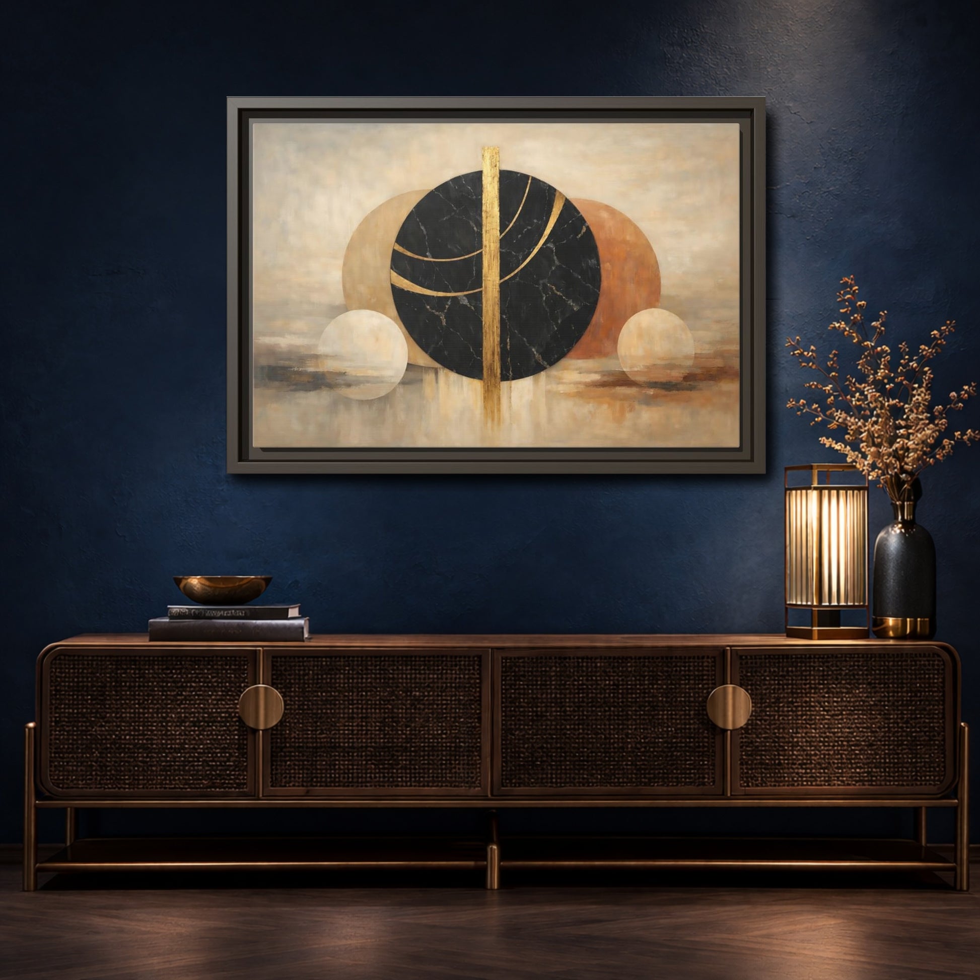 Mockup 4. Abstract Abstract Circles Gold And Black Abstract shown as stretched canvas wall art