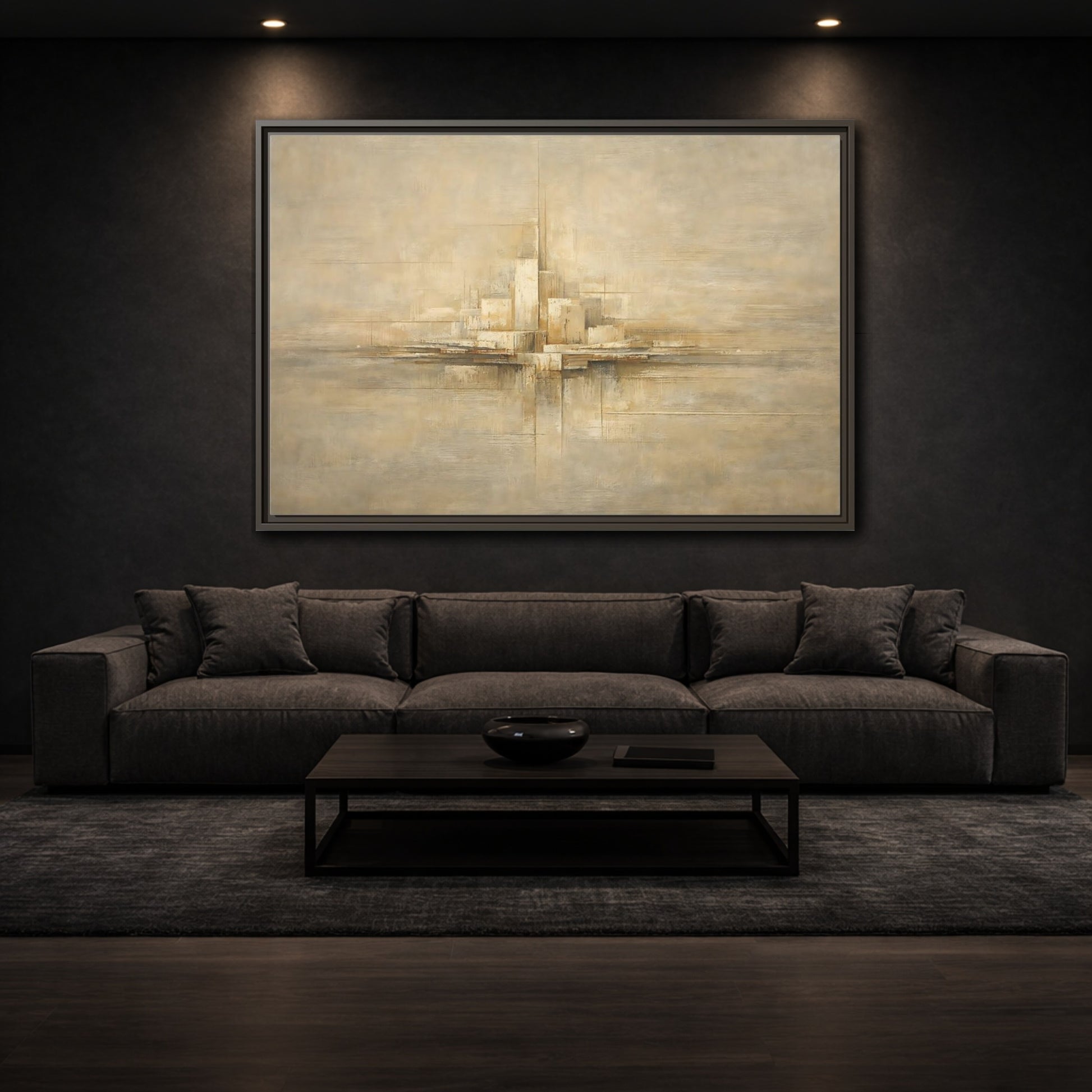 Mockup 2. Abstract Abstract City Beige Abstract shown as stretched canvas wall art