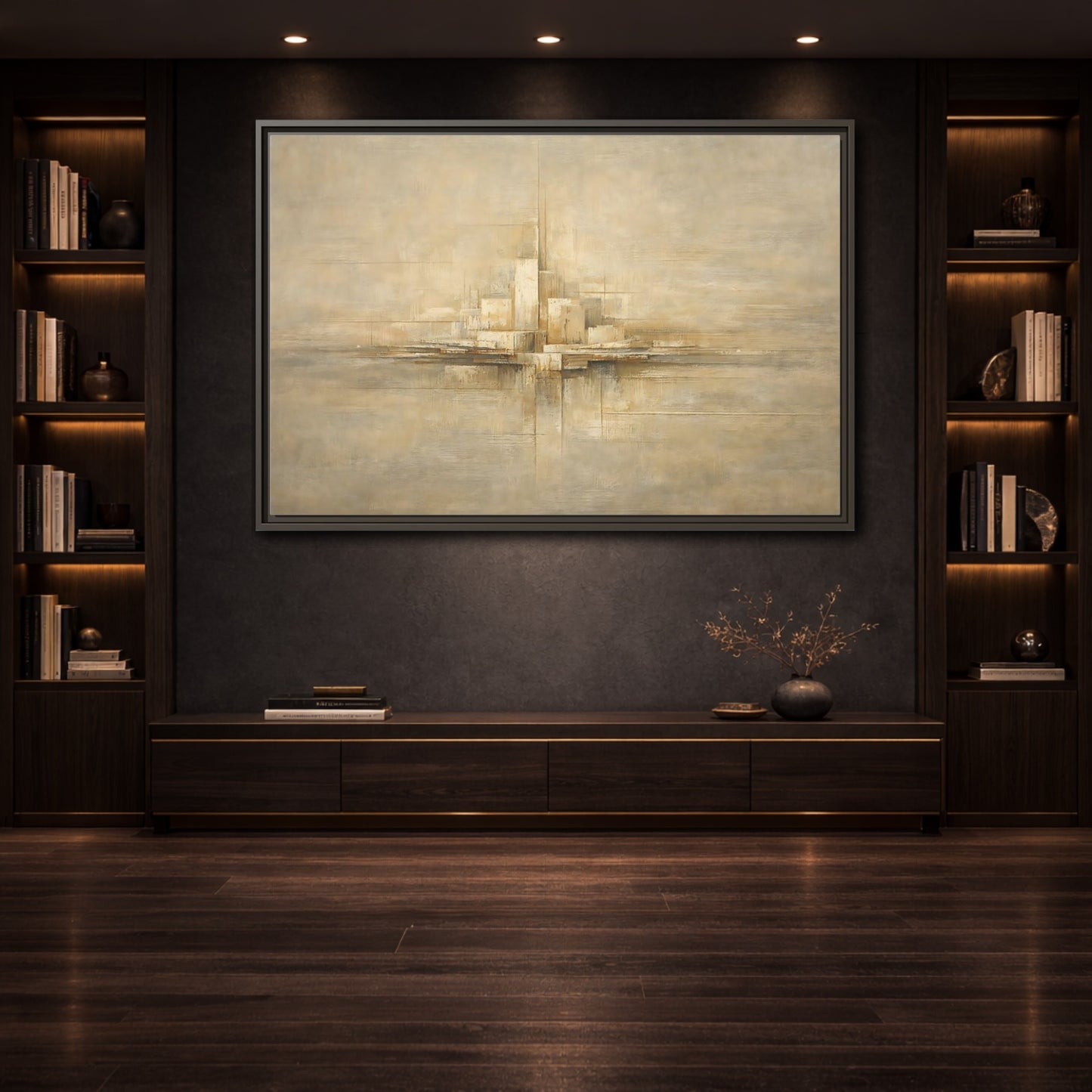Mockup 3. Abstract Abstract City Beige Abstract shown as stretched canvas wall art