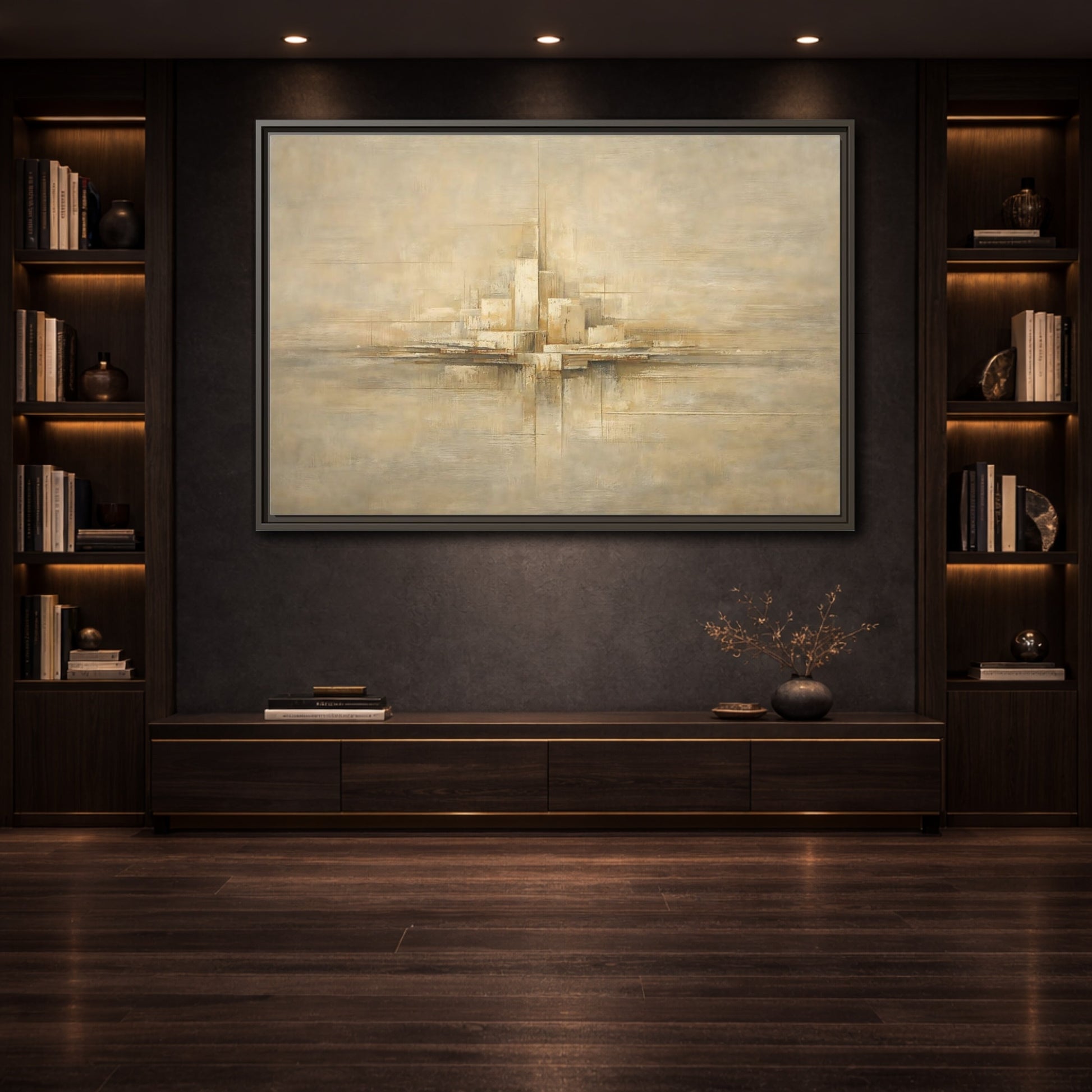 Mockup 3. Abstract Abstract City Beige Abstract shown as stretched canvas wall art