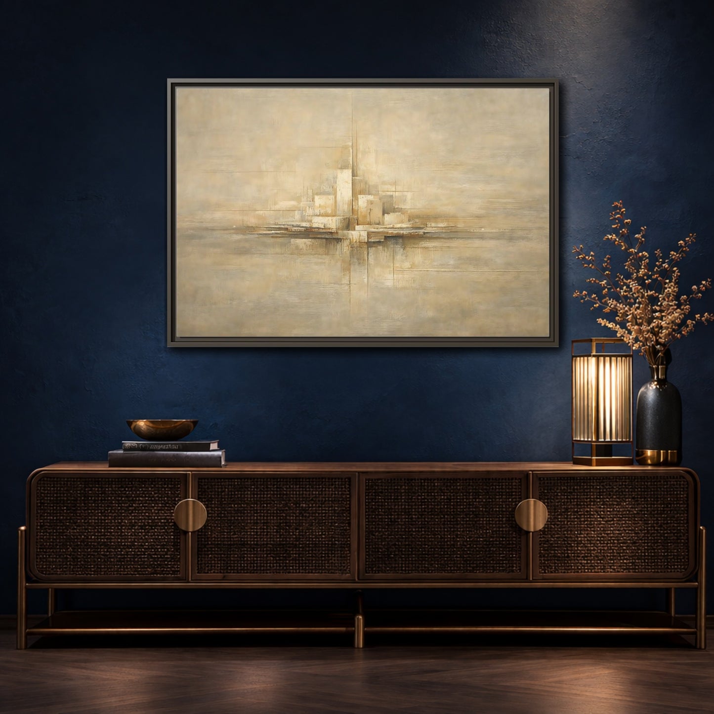 Mockup 4. Abstract Abstract City Beige Abstract shown as stretched canvas wall art