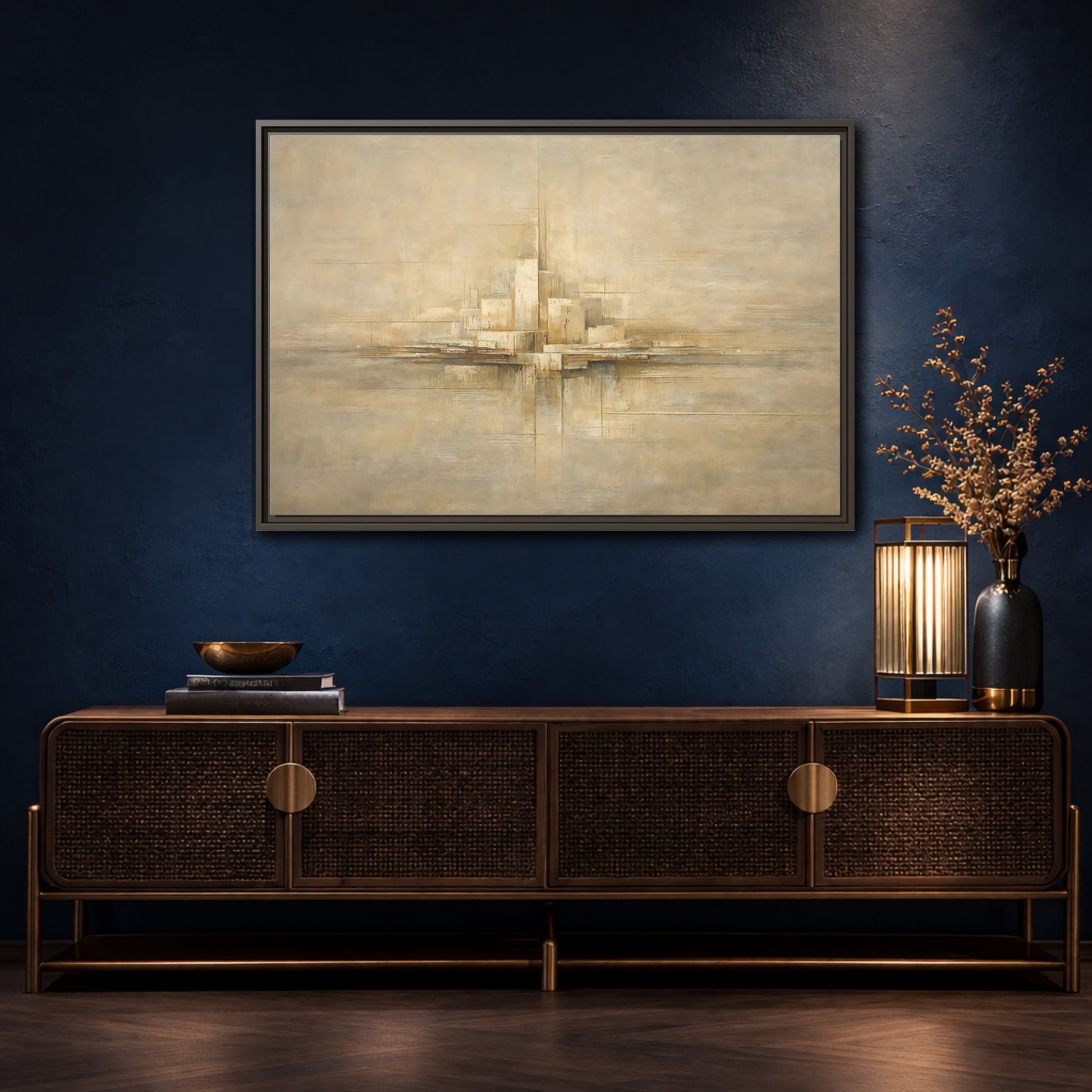Mockup 4. Abstract Abstract City Beige Abstract shown as stretched canvas wall art