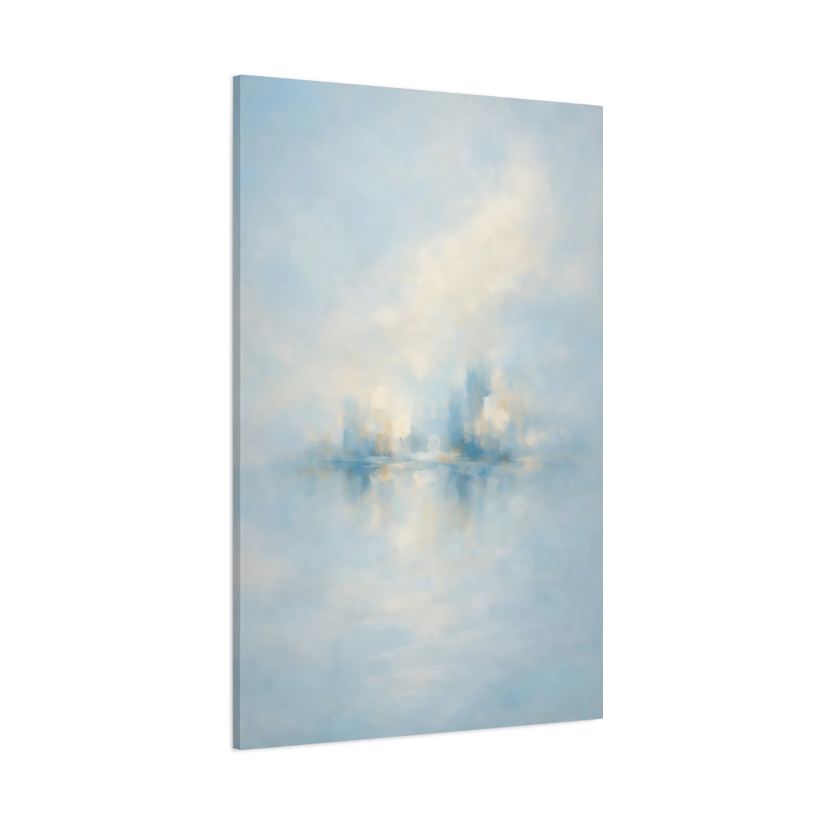 Main Mockup. Abstract Abstract City Soft Blue Gold shown as stretched canvas wall art
