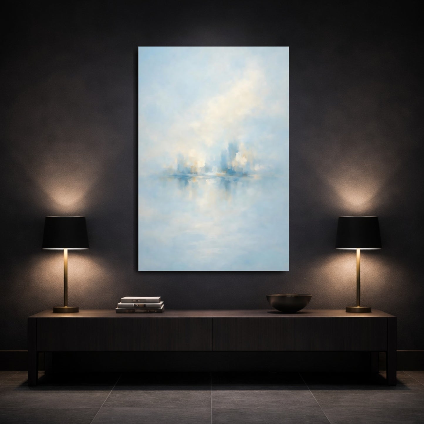 Mockup 2. Abstract Abstract City Soft Blue Gold shown as stretched canvas wall art