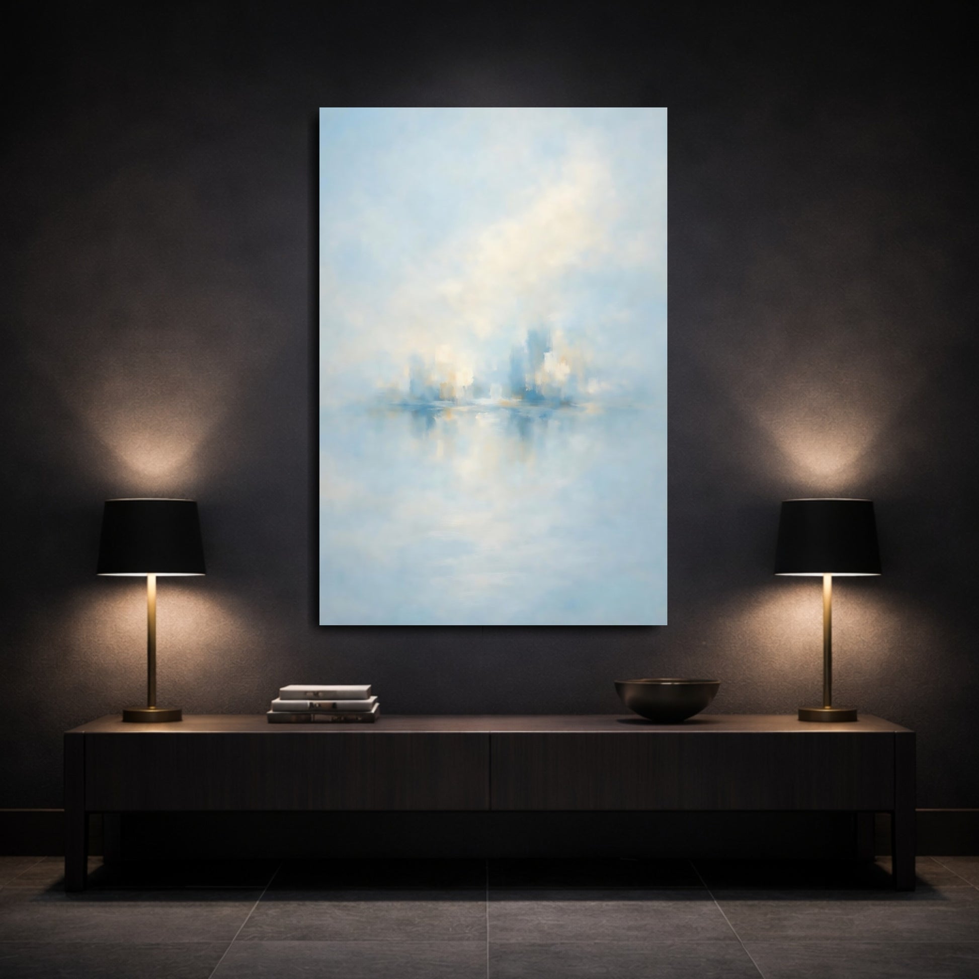 Mockup 2. Abstract Abstract City Soft Blue Gold shown as stretched canvas wall art