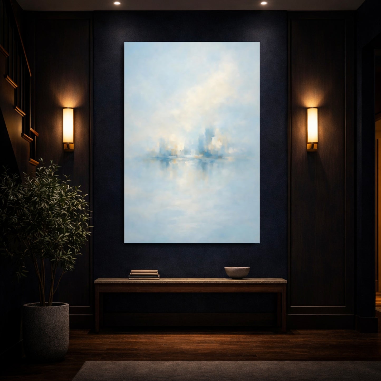 Mockup 3. Abstract Abstract City Soft Blue Gold shown as stretched canvas wall art