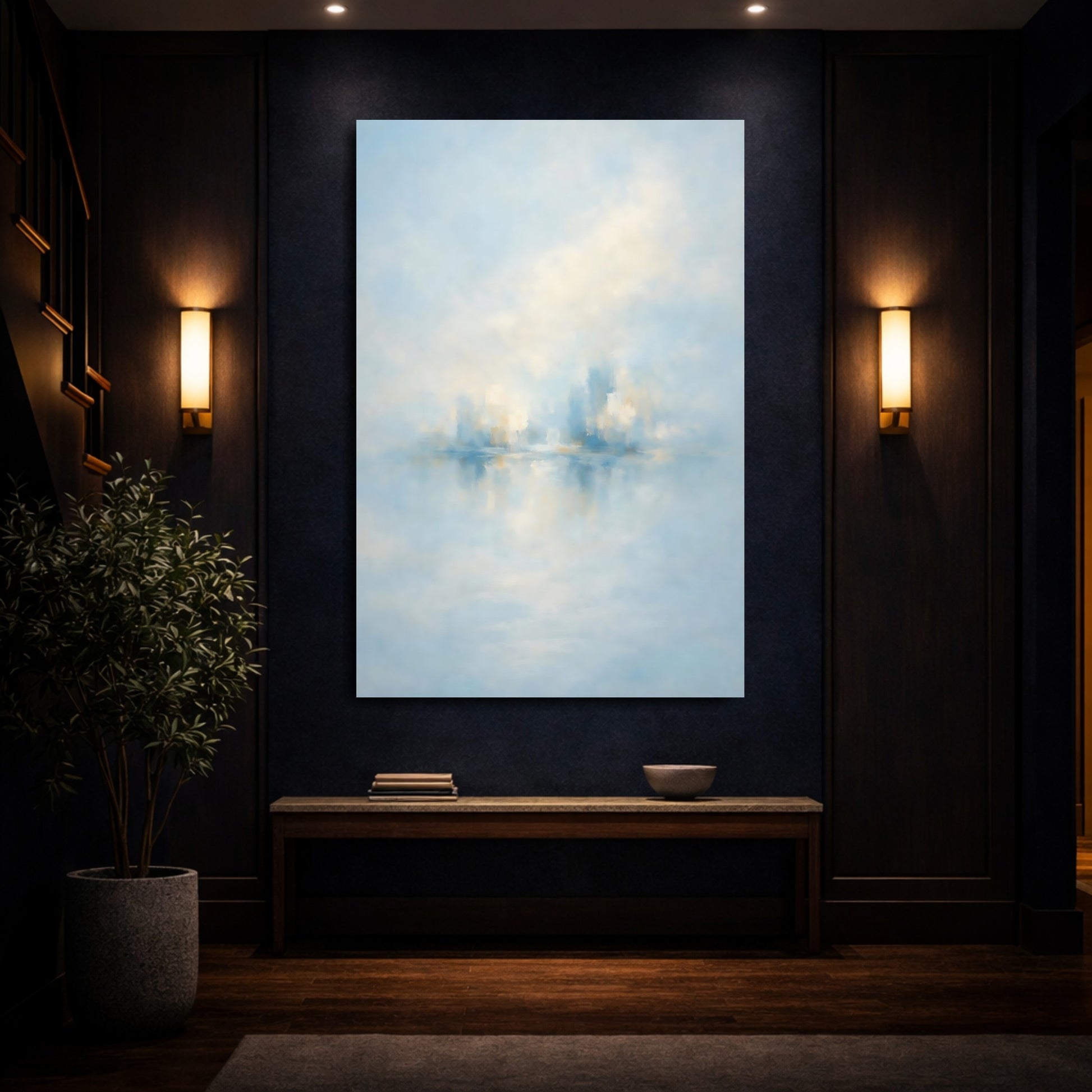 Mockup 3. Abstract Abstract City Soft Blue Gold shown as stretched canvas wall art