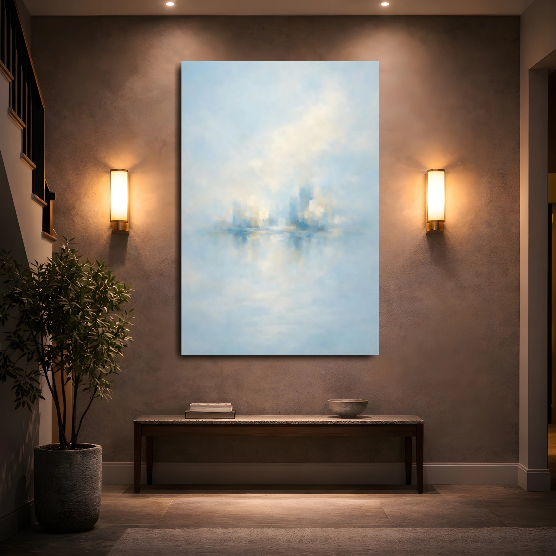 Mockup 4. Abstract Abstract City Soft Blue Gold shown as stretched canvas wall art