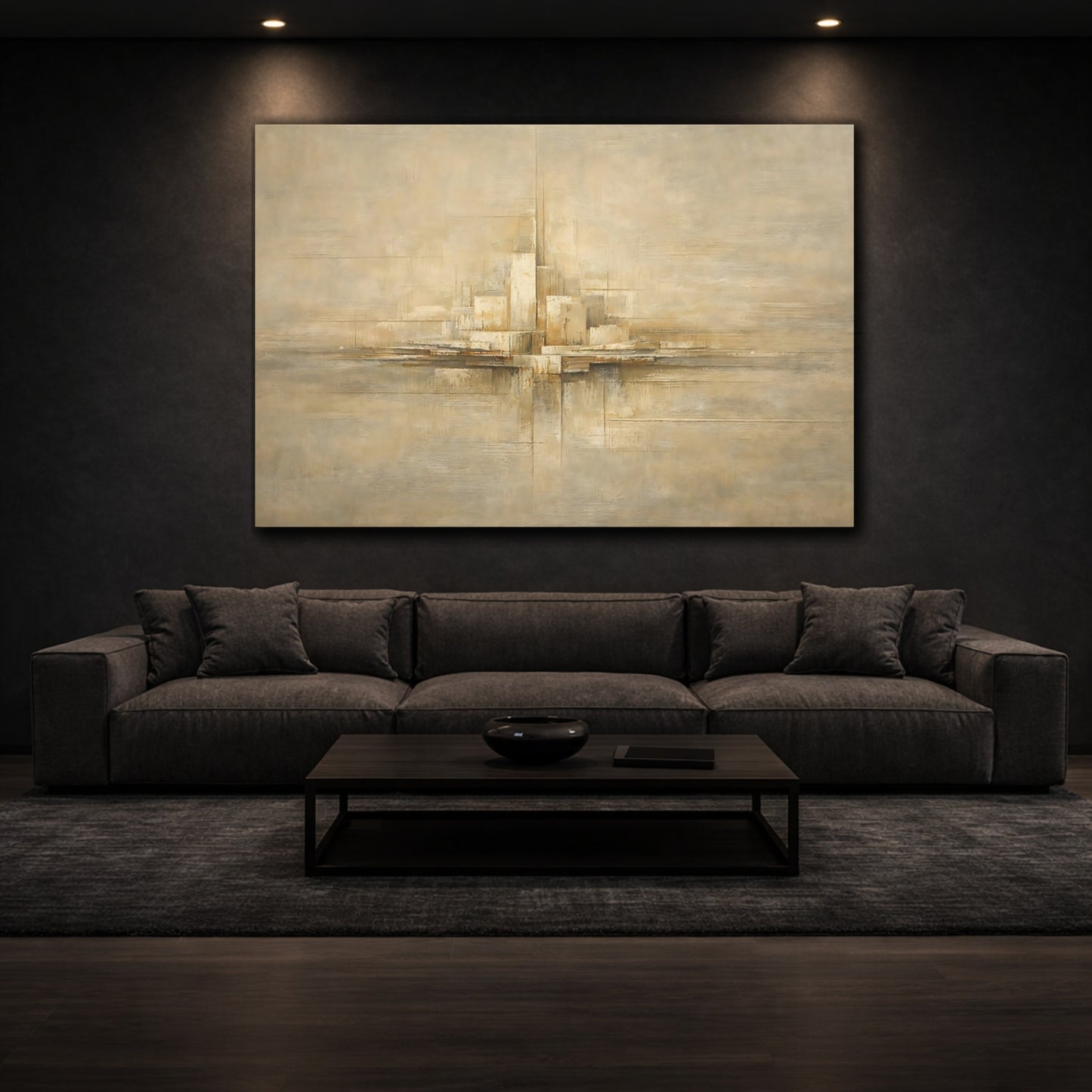 Mockup 2. Abstract Abstract Cityscape Beige Abstract City shown as stretched canvas wall art