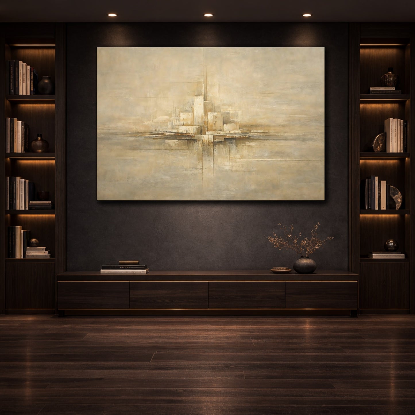Mockup 3. Abstract Abstract Cityscape Beige Abstract City shown as stretched canvas wall art