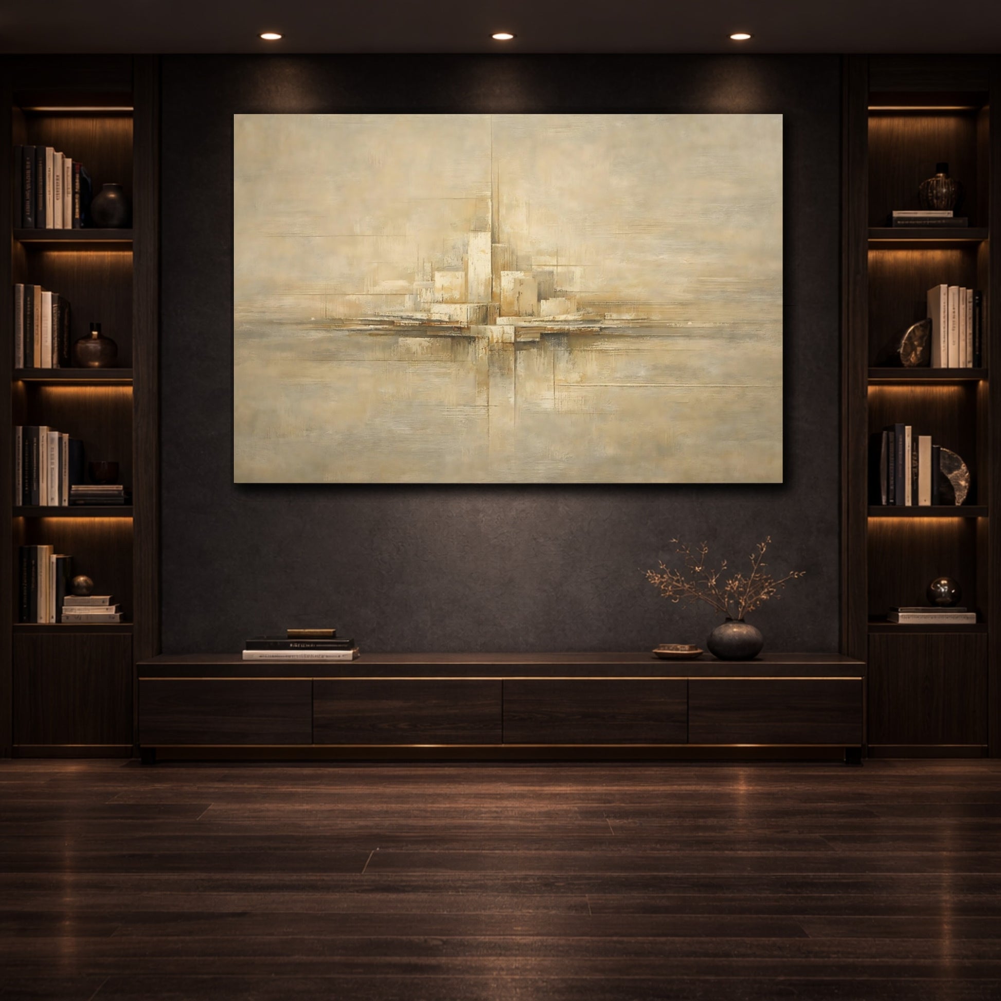 Mockup 3. Abstract Abstract Cityscape Beige Abstract City shown as stretched canvas wall art