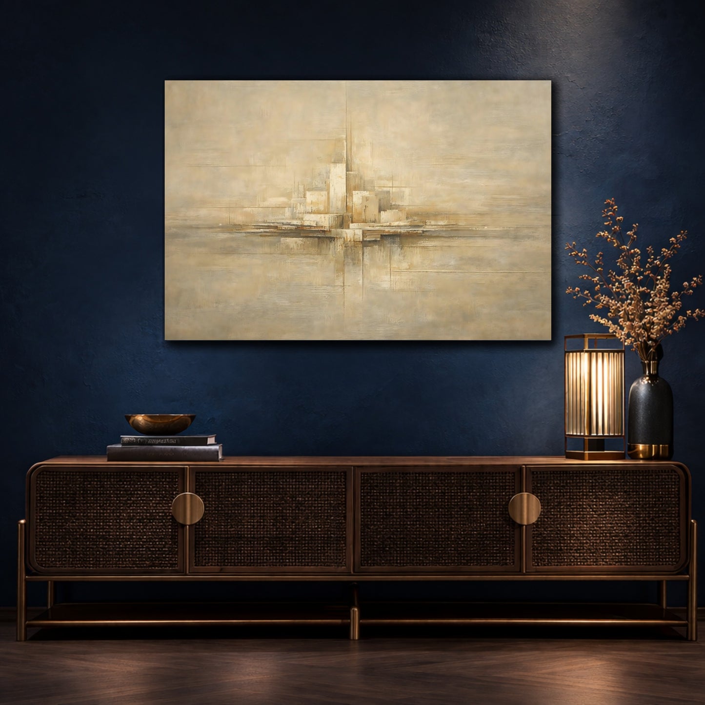 Mockup 4. Abstract Abstract Cityscape Beige Abstract City shown as stretched canvas wall art