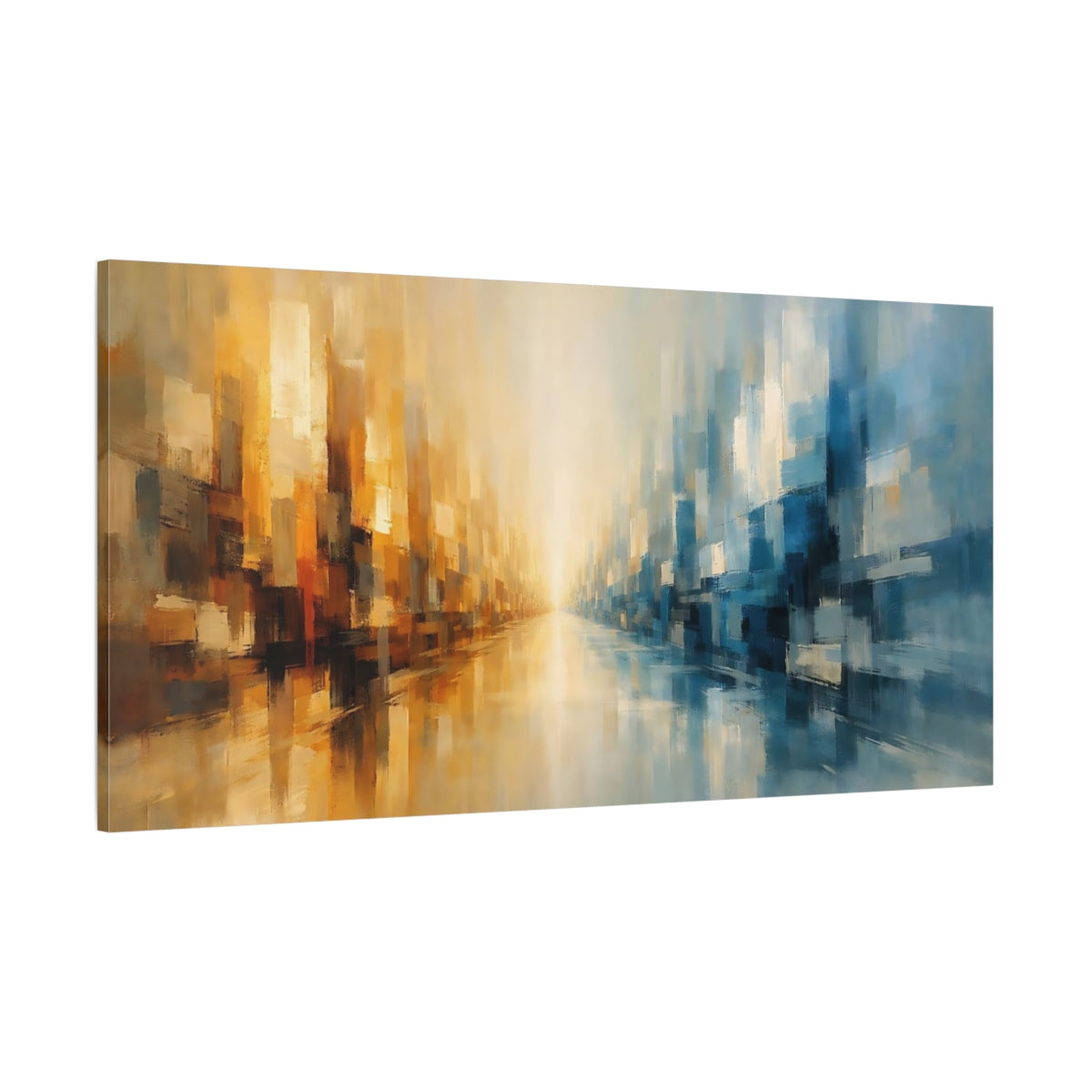Main Mockup. Abstract Abstract Cityscape Blue And Gold Abstract shown as stretched canvas wall art