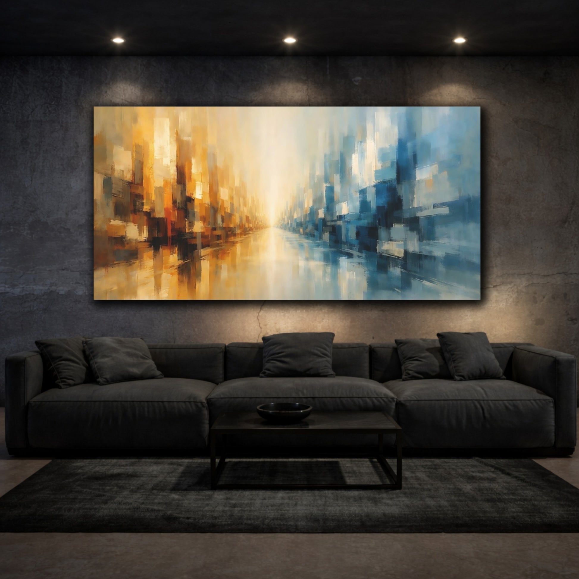 Mockup 2. Abstract Abstract Cityscape Blue And Gold Abstract shown as stretched canvas wall art