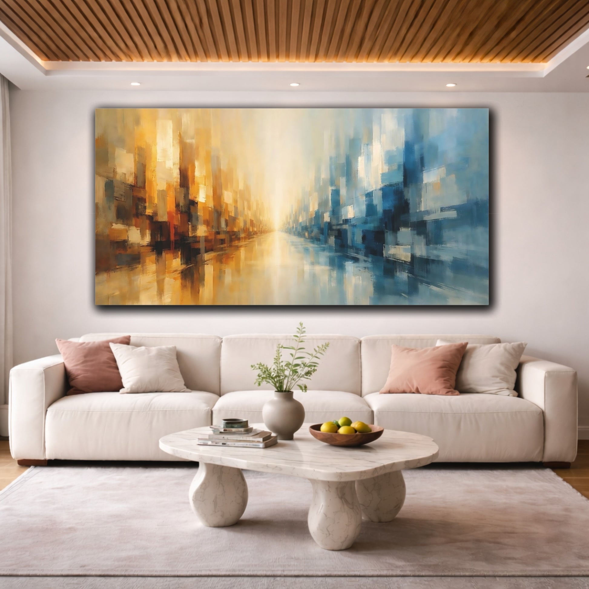 Mockup 3. Abstract Abstract Cityscape Blue And Gold Abstract shown as stretched canvas wall art